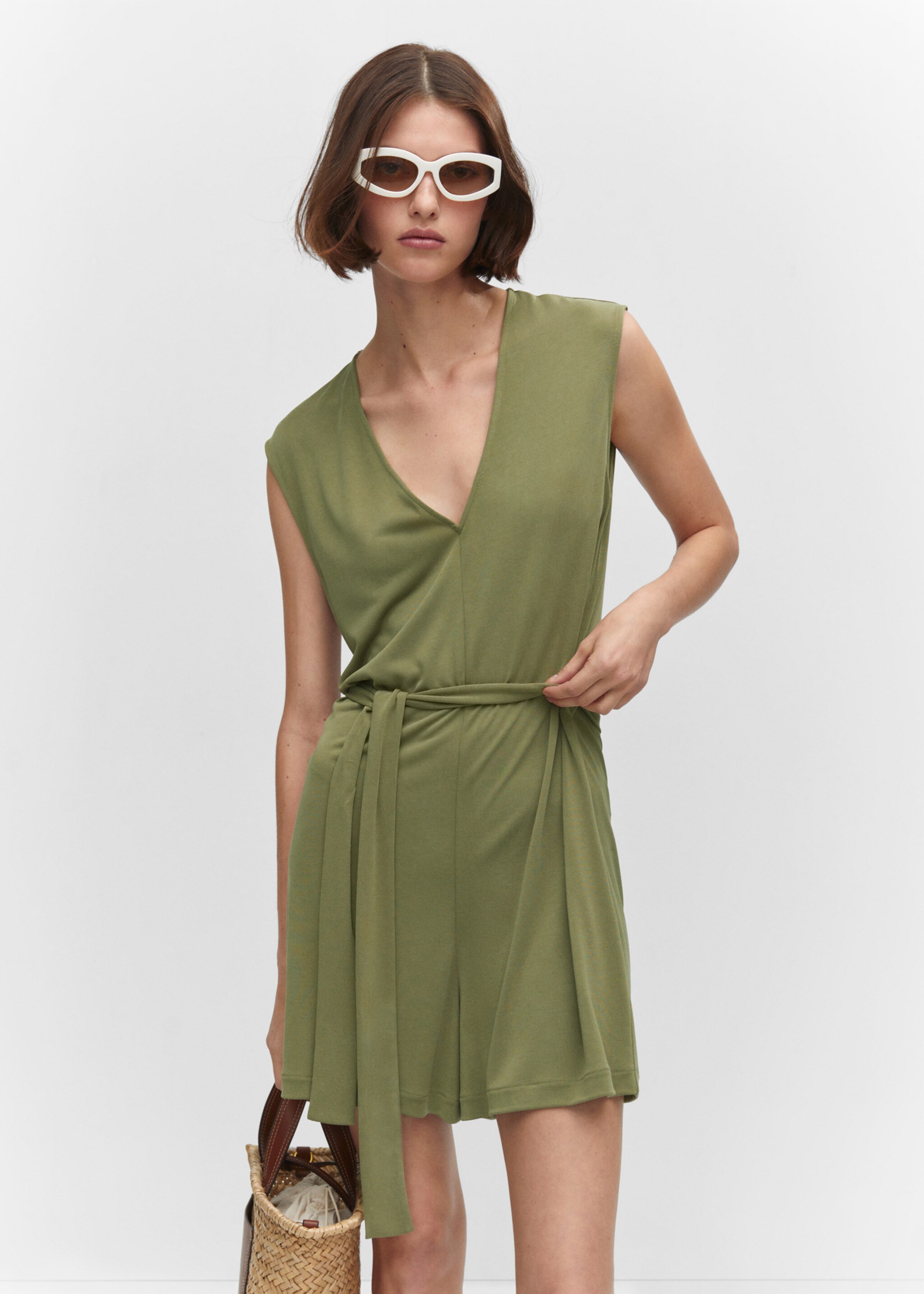 Modal jumpsuit with tie - Medium plane, Khaki. Ref: 57000316-00.