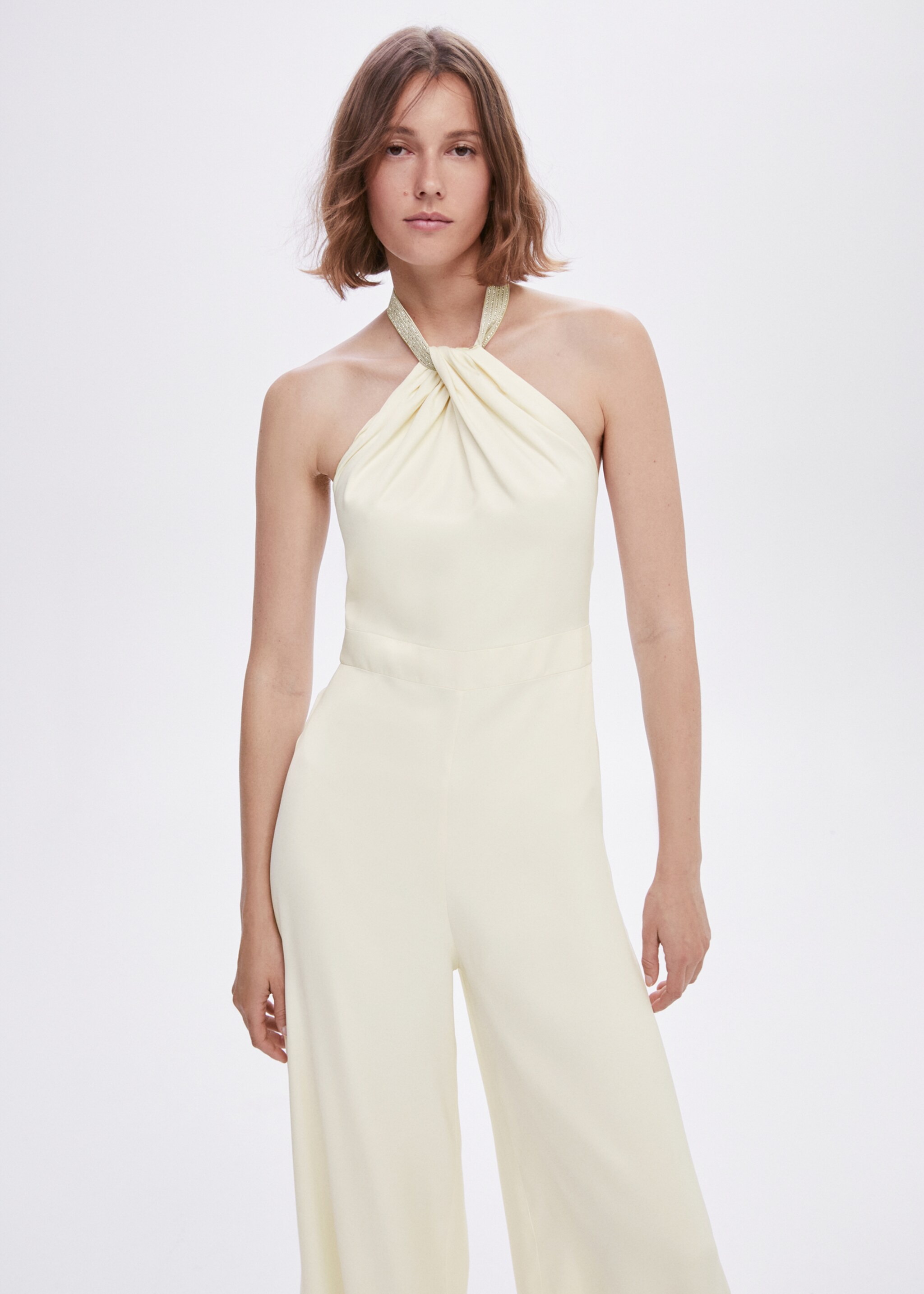 Halter-neck jumpsuit with metallic detail - Medium plane, Ecru. Ref: 57001089-00.