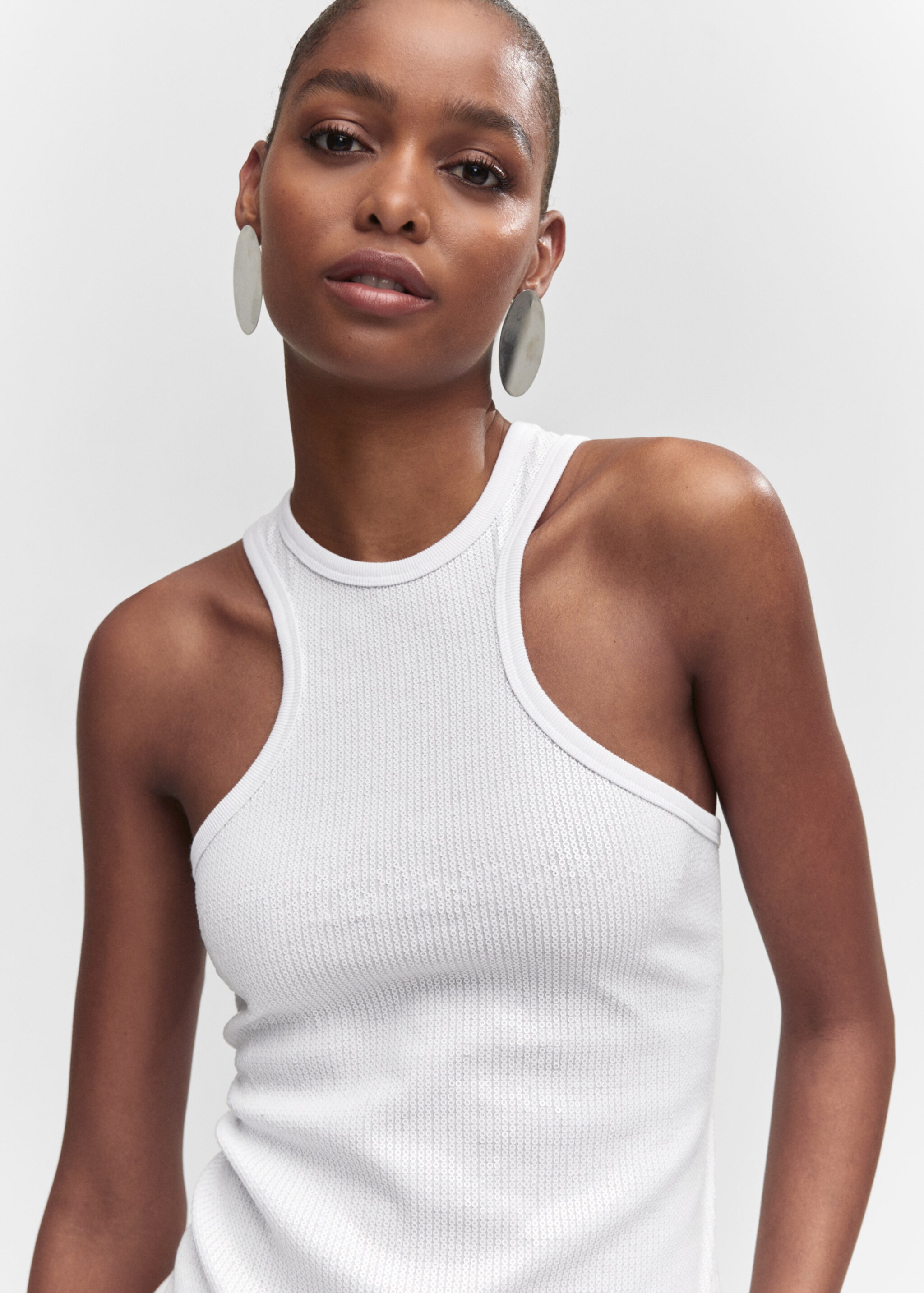 Sequined halter top - Details of the article 1, White. Ref: 57002888-00.