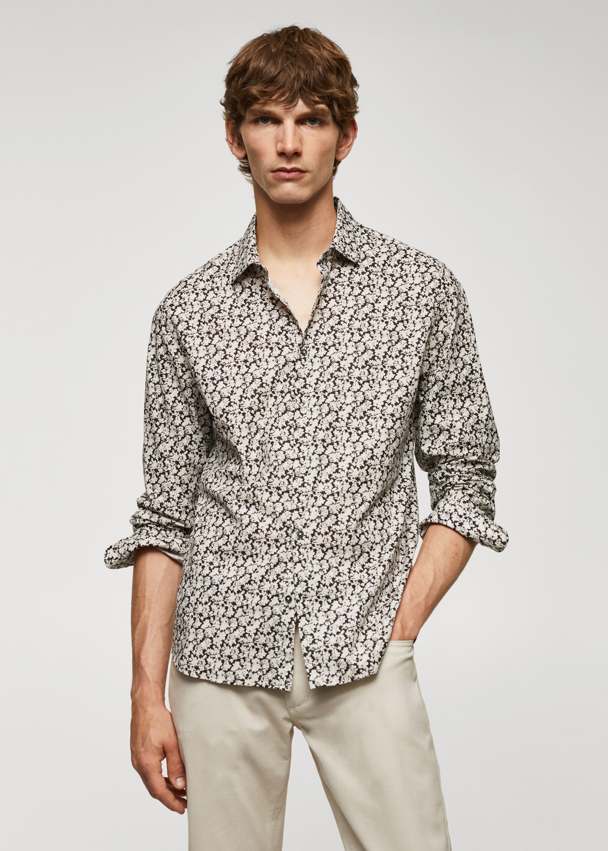 Beige Camicia Uomo Stampa Floreale Camicetta Fiori Camicia Fiori