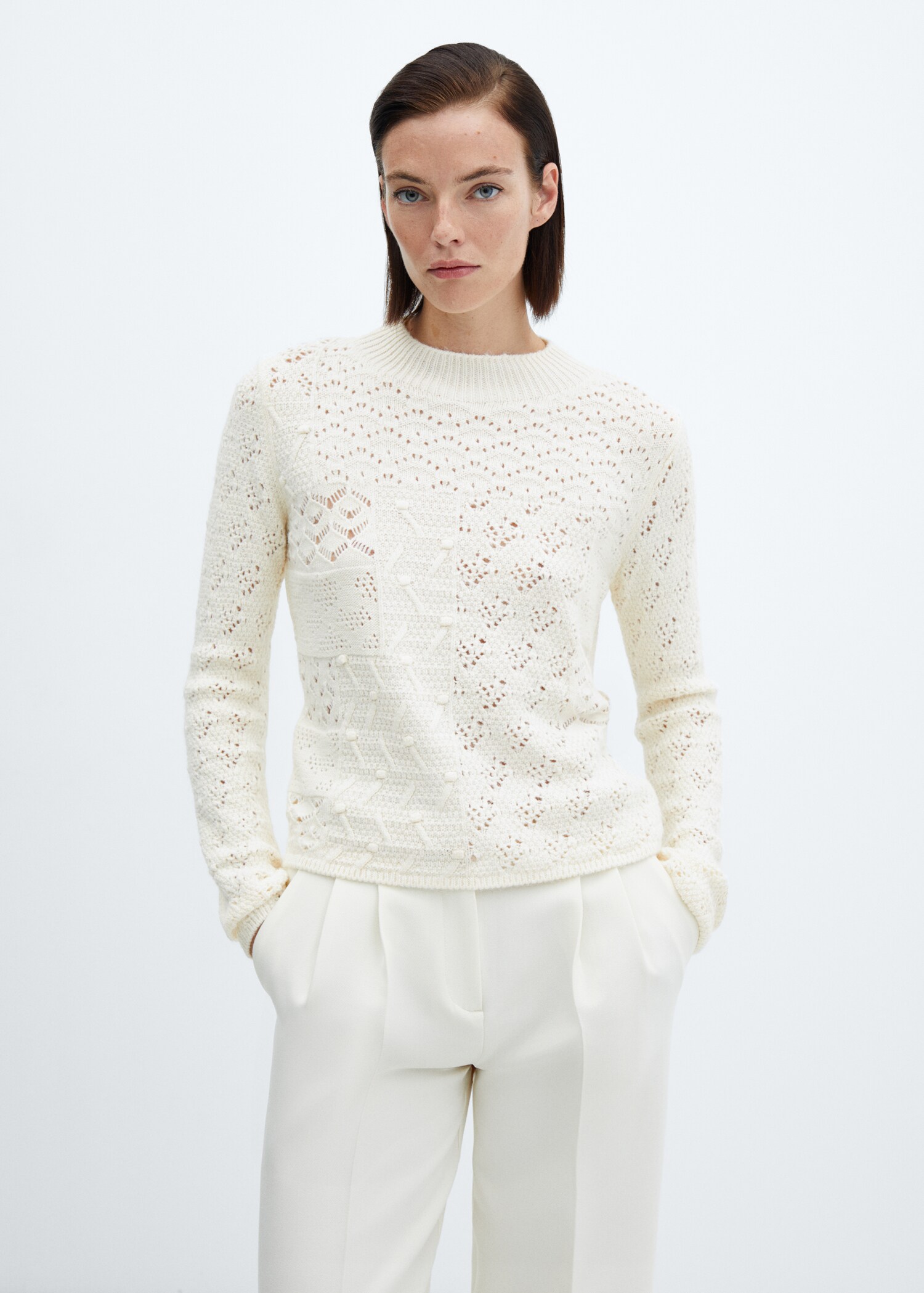 Pull-over mélange crochet maille ajourée - Plan moyen