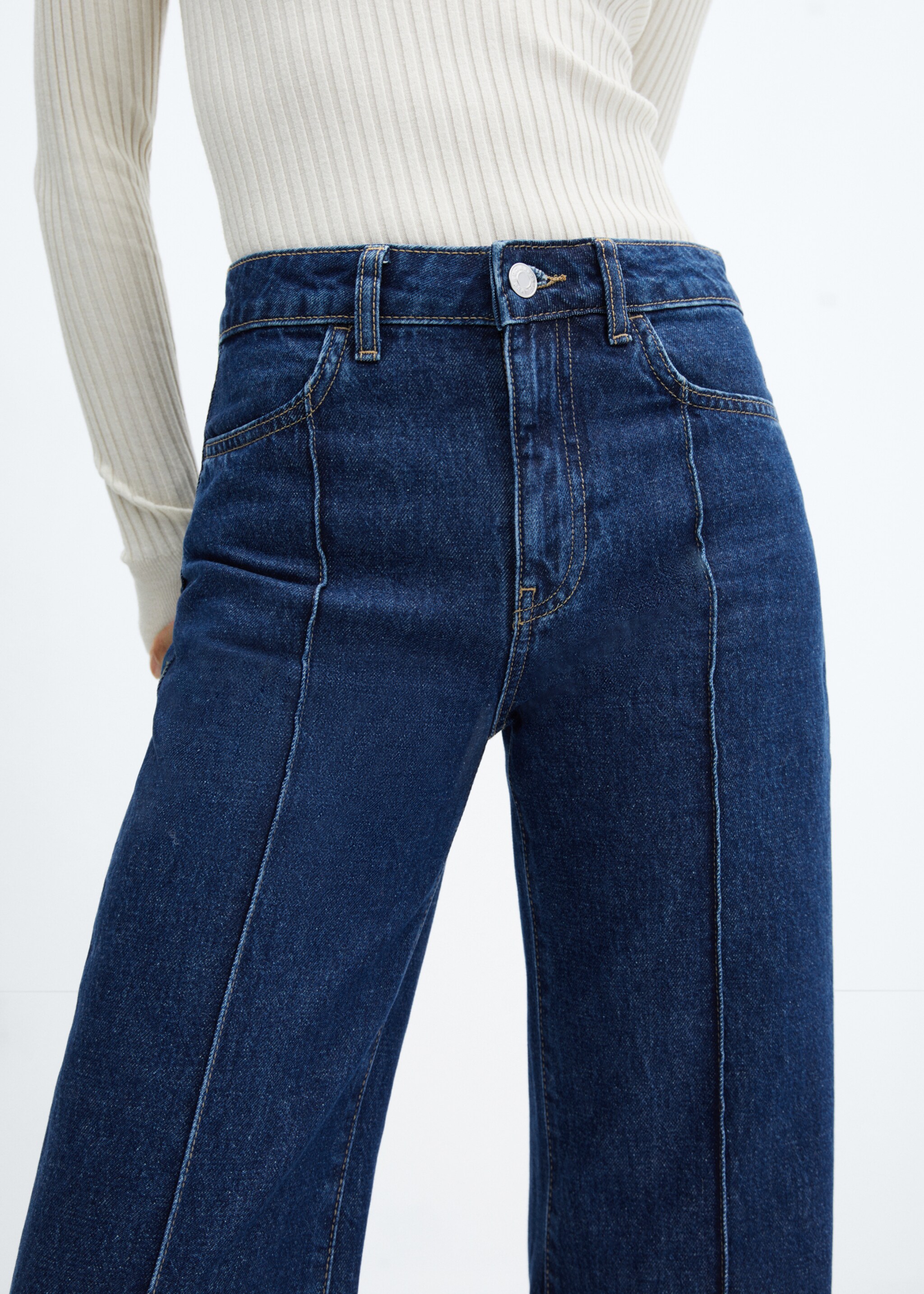 Wideleg jeans with decorative seams - Details of the article 6, Dark Blue. Ref: 57005975-00.