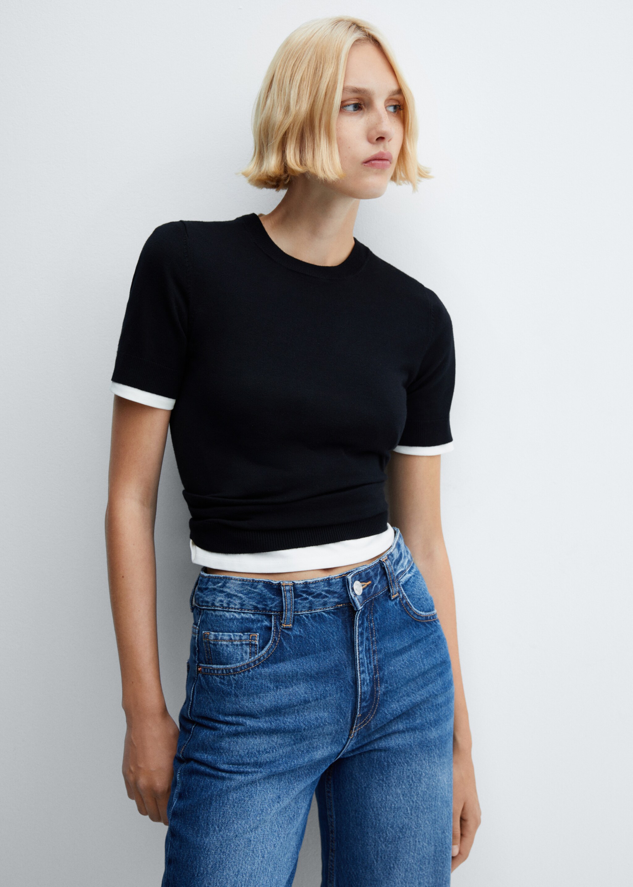 Wide leg mid-rise jeans - Details of the article 1, Dark Blue. Ref: 57005977-00.