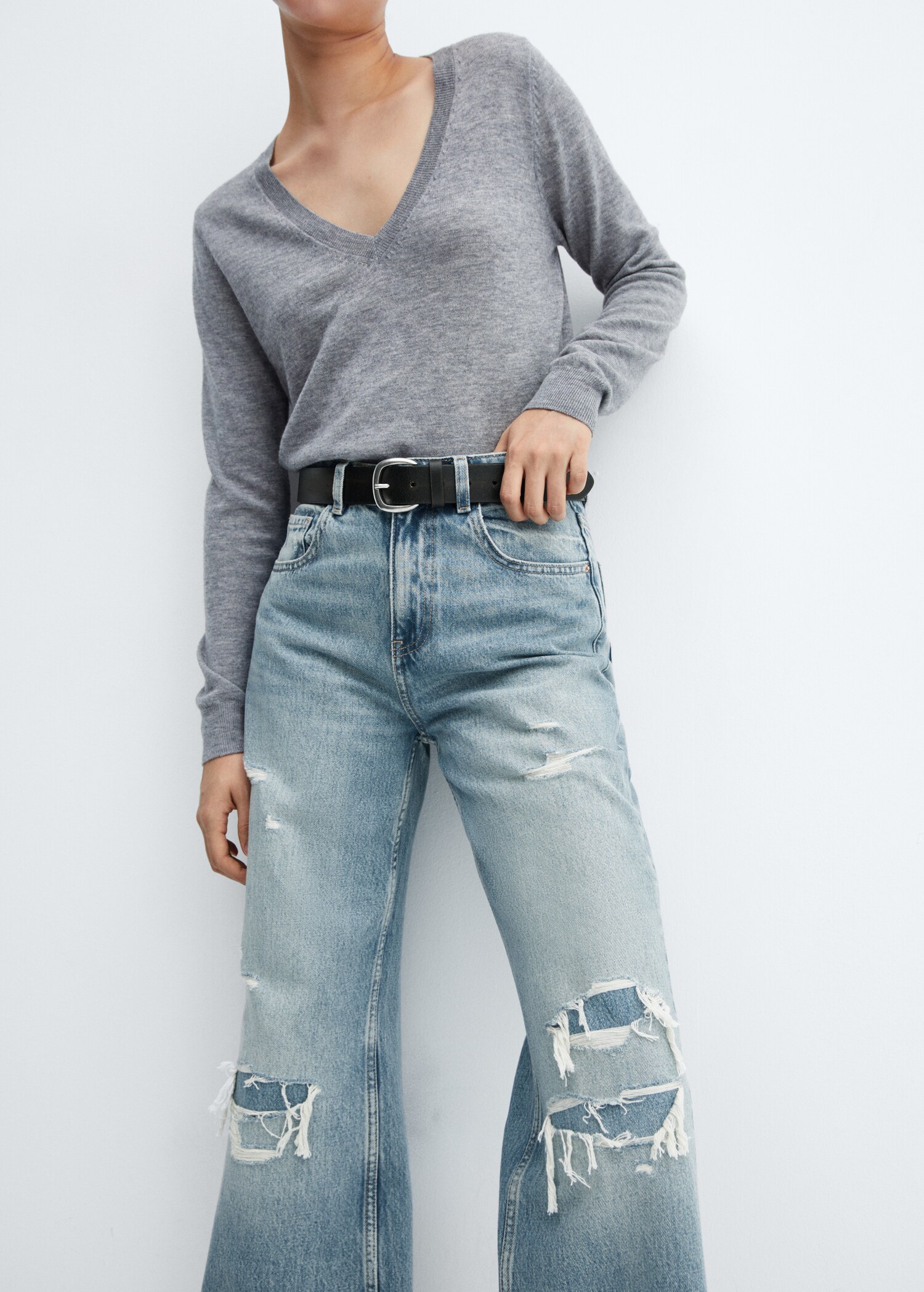 Decorative ripped wide leg jeans - Details of the article 6