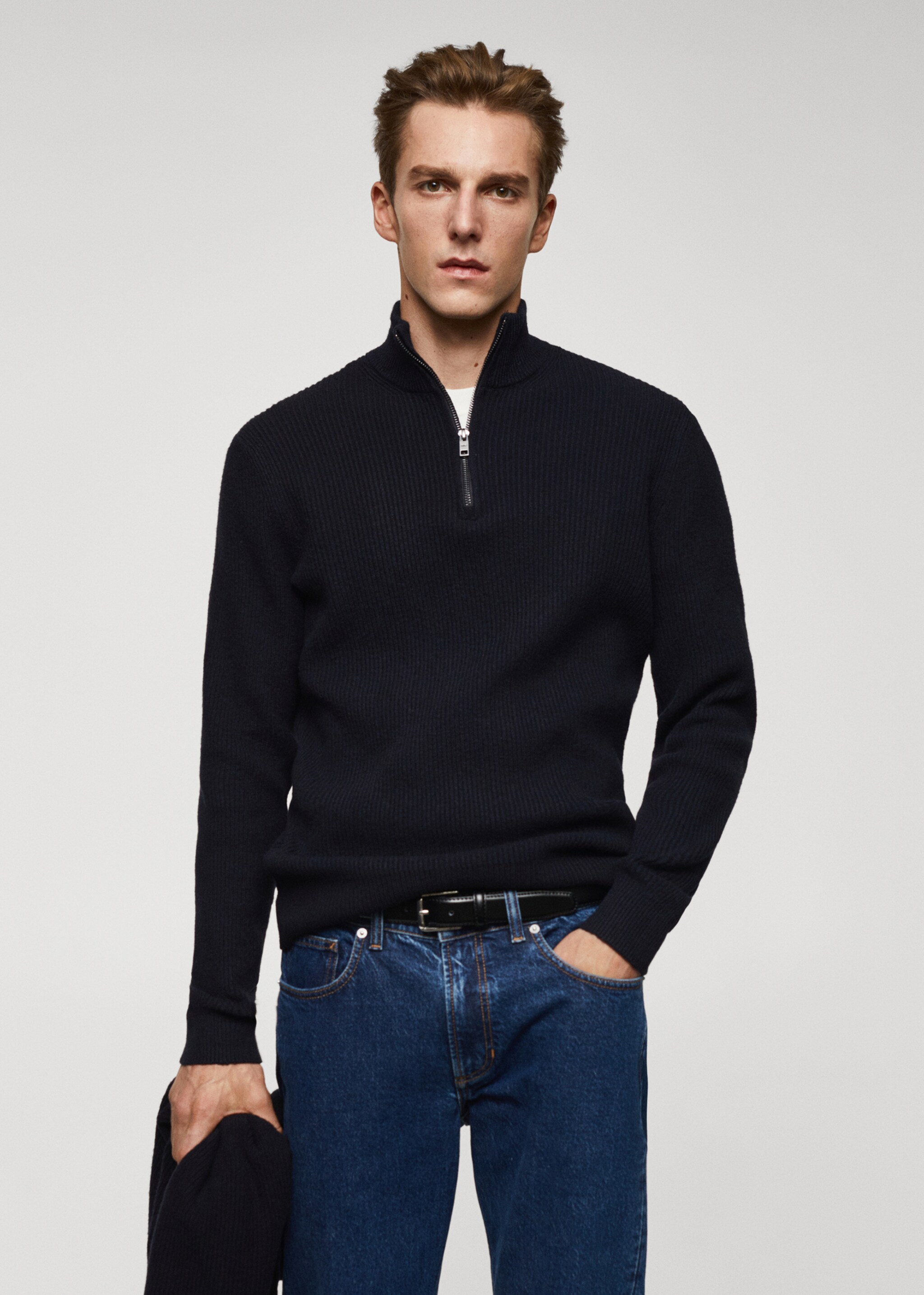 Ribbed sweater with zip - Medium plane, Navy. Ref: 57007728-00.