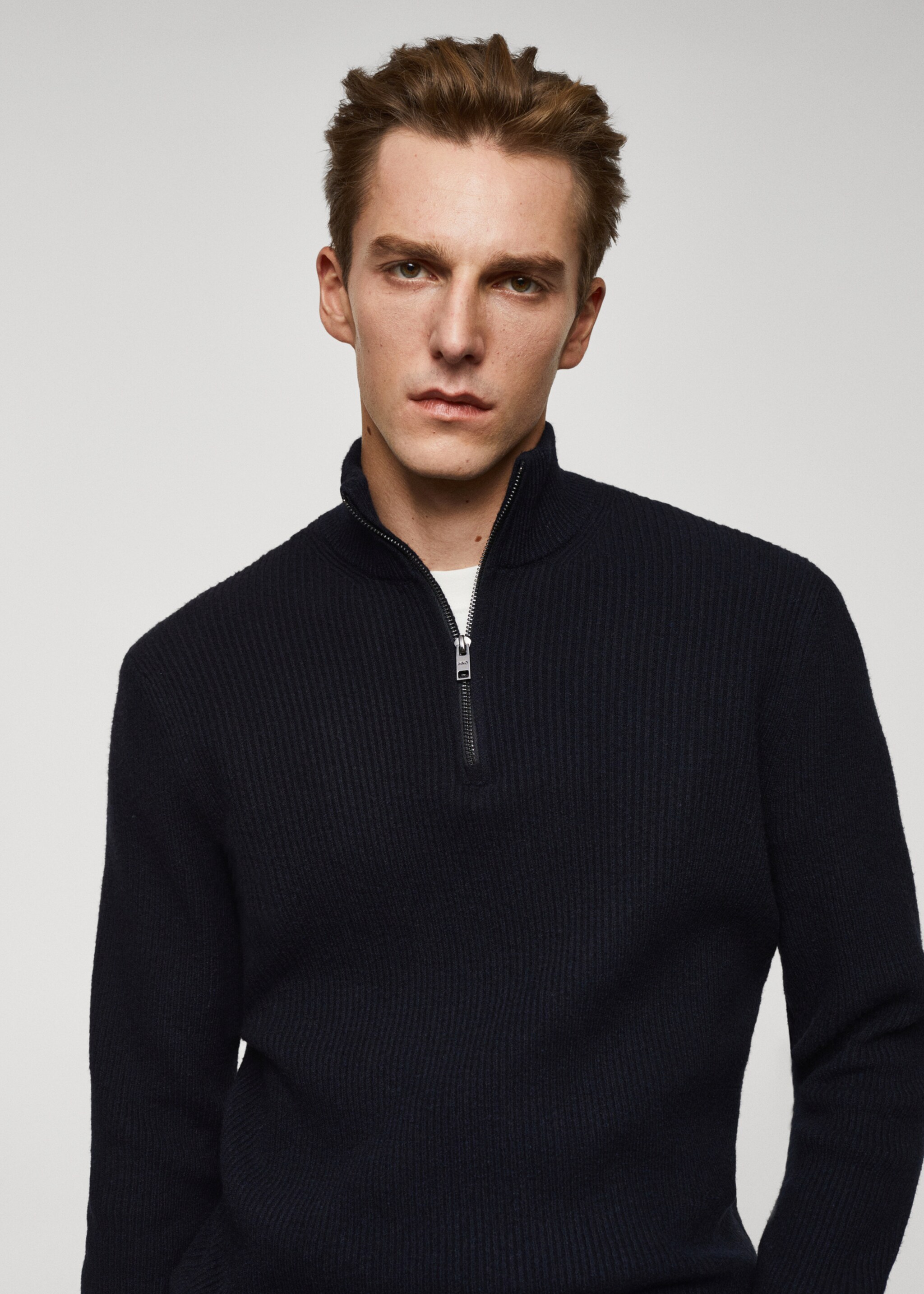 Ribbed sweater with zip - Details of the article 1, Navy. Ref: 57007728-00.