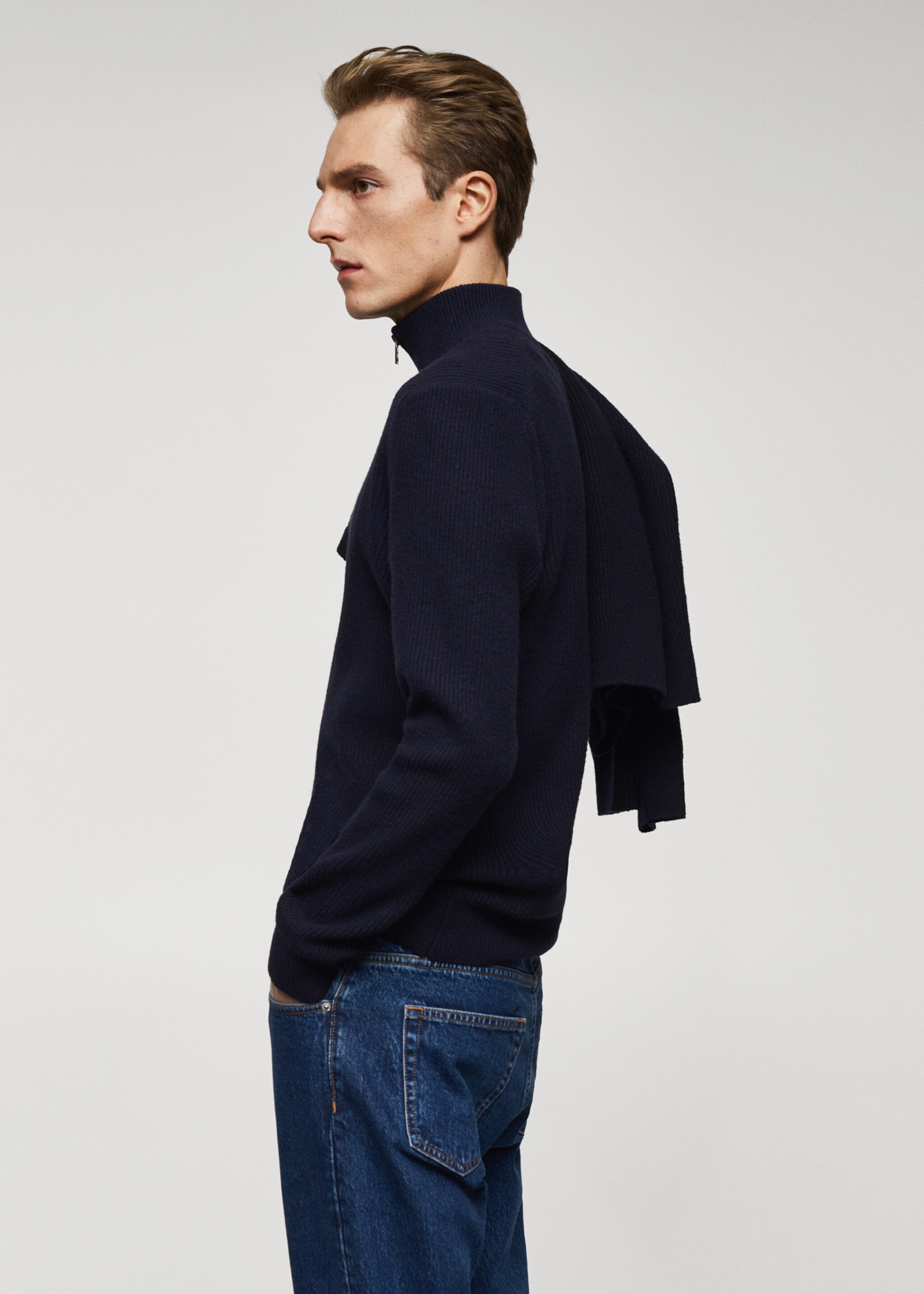 Ribbed sweater with zip - Details of the article 2, Navy. Ref: 57007728-00.