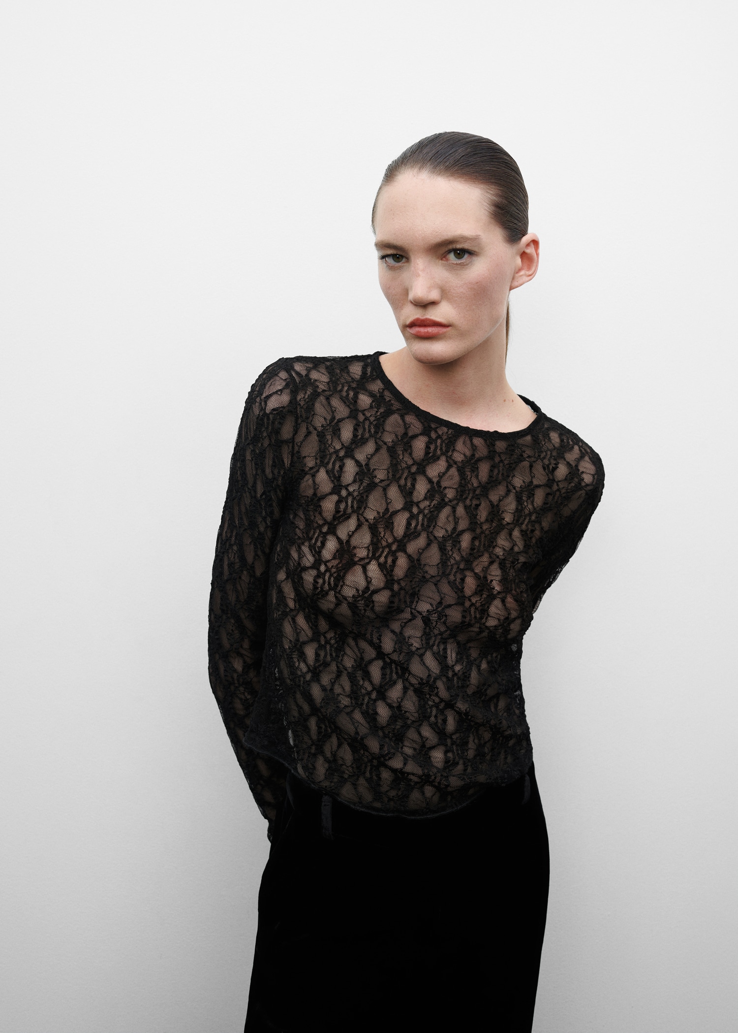 Mango Remera Manga Larga Encaje Camiseta Camisa Negra Mango Mujer