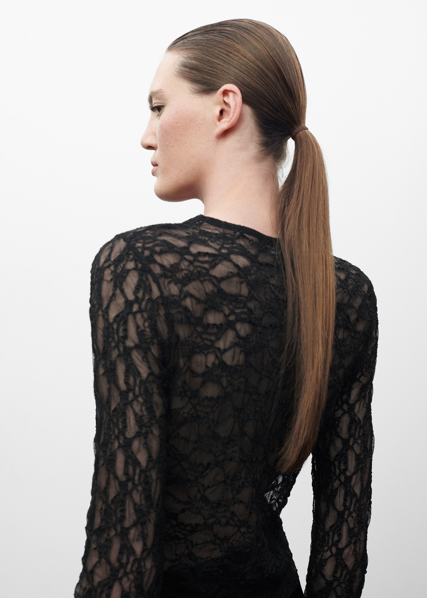 Cuello Redondo Camiseta Encaje Mango Blusa Negra De Manga Larga