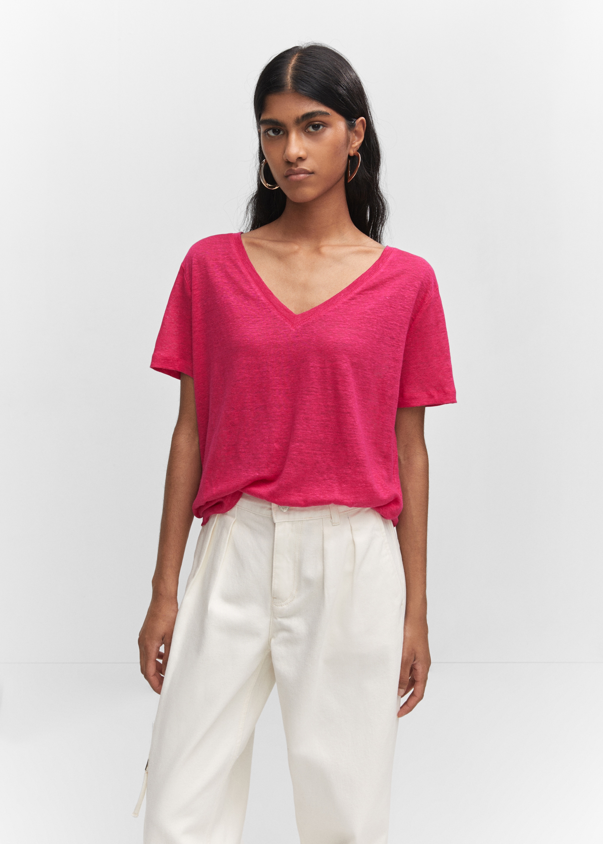 V-neck linen t-shirt Women MANGO OUTLET USA