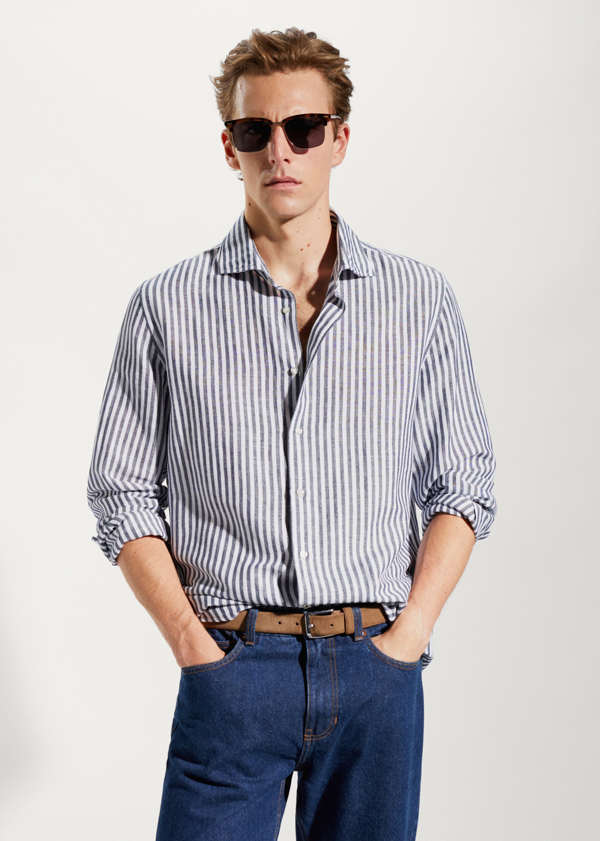 Slim fit striped linen shirt - Medium plane, Navy. Ref: 57010622-00.