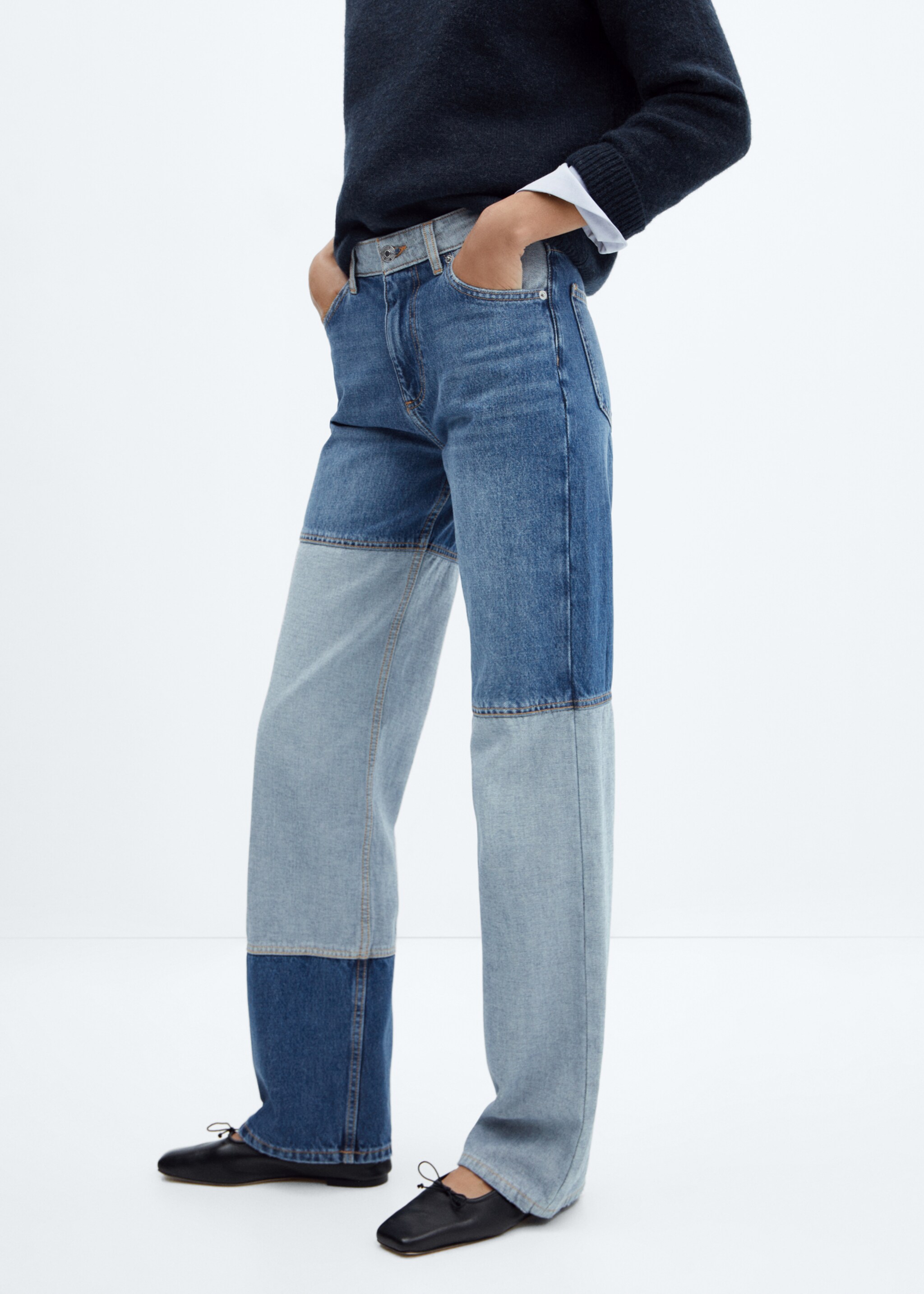 Wideleg patchwork jeans - Details of the article 6, Medium Blue. Ref: 57013803-00.