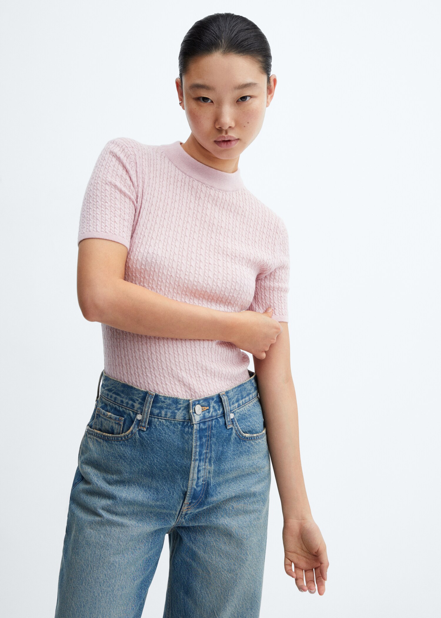 Pull-over laine torsades manches courtes - Plan moyen