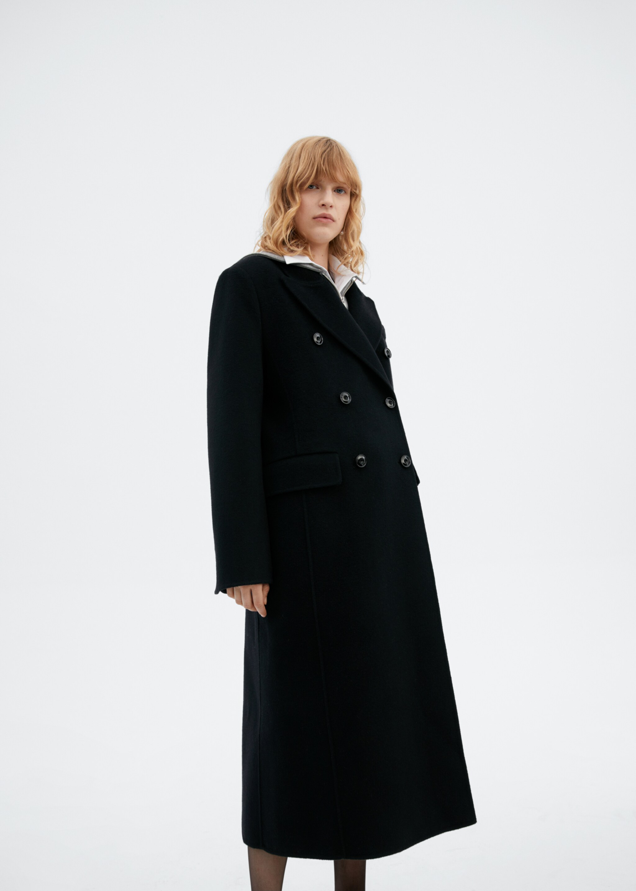 Double-breasted virgin wool coat - Details of the article 2, Black. Ref: 57016715-00.