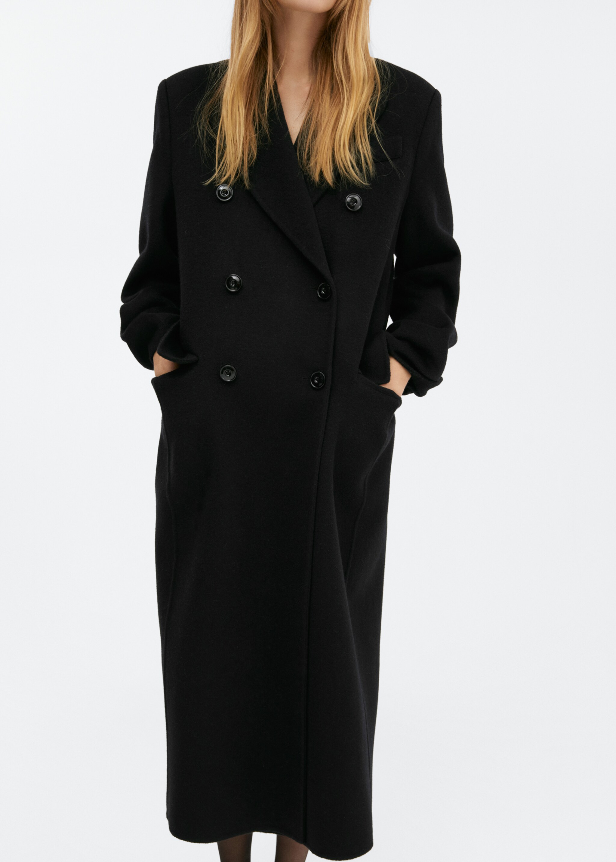 Double-breasted virgin wool coat - Details of the article 6, Black. Ref: 57016715-00.