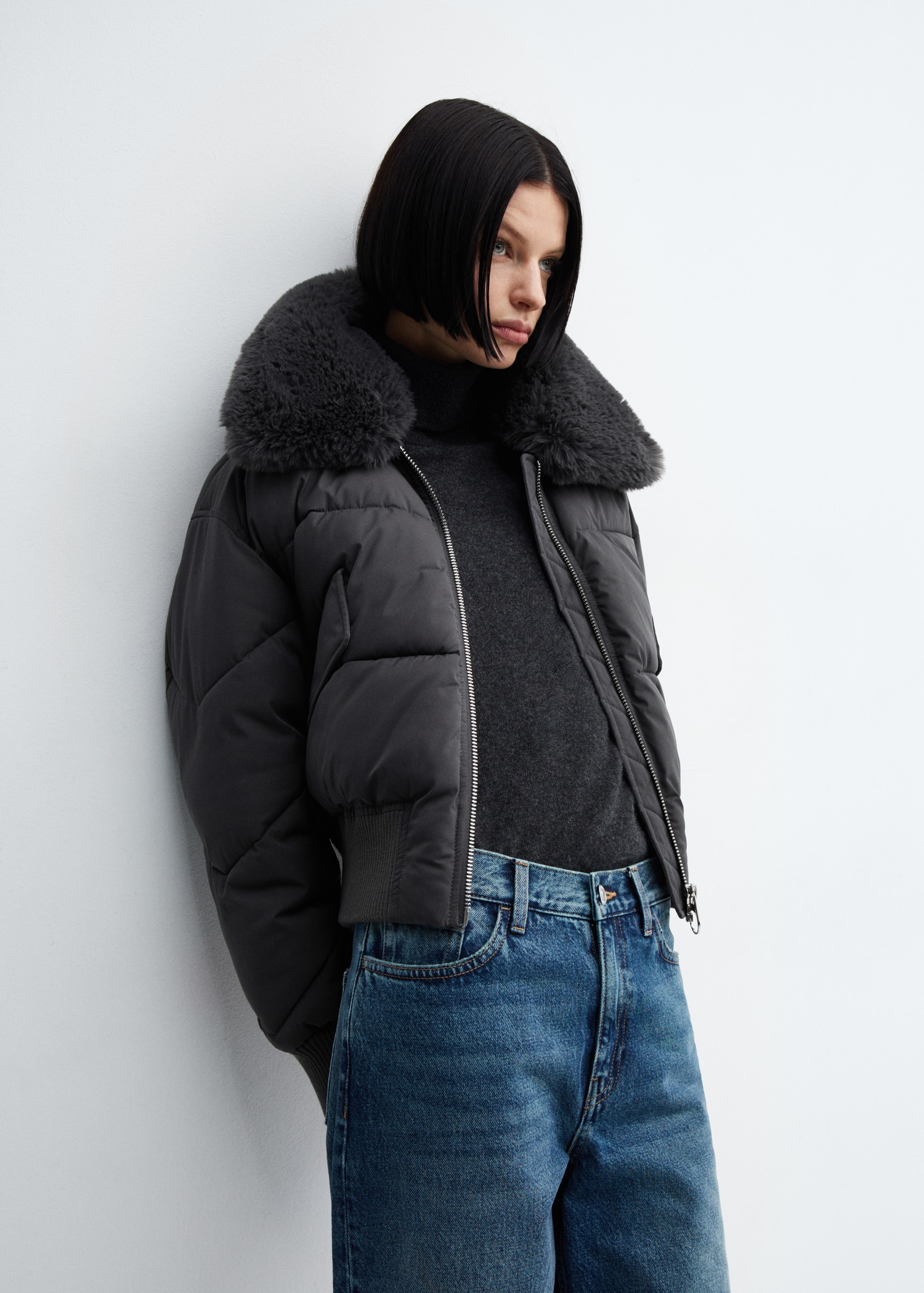 Mango Black Fur Coat Cropped Bomber Anorak With Fur-effect Collar