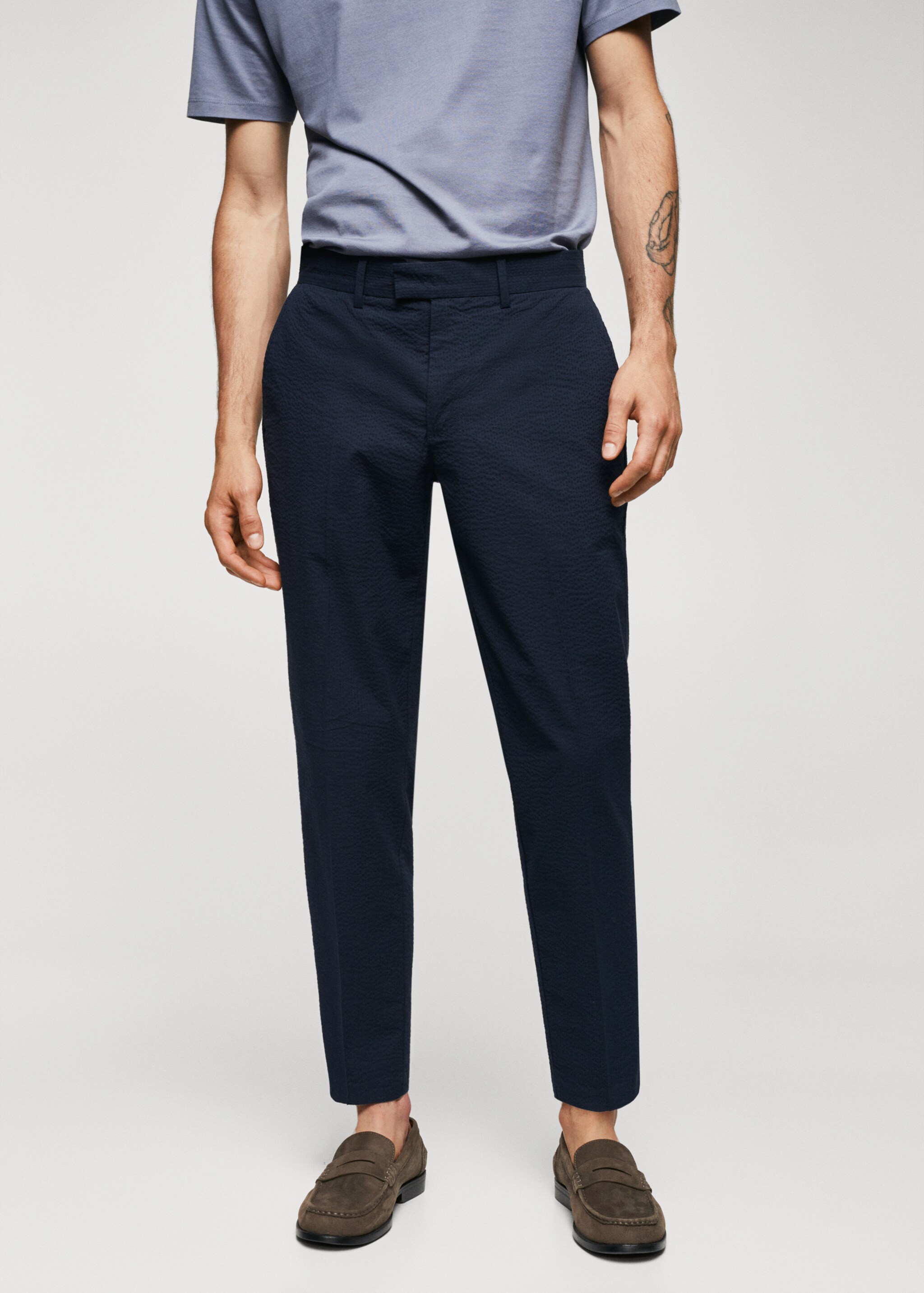 Slim-fit seersucker stretch trousers - Medium plane, Navy. Ref: 57022507-00.