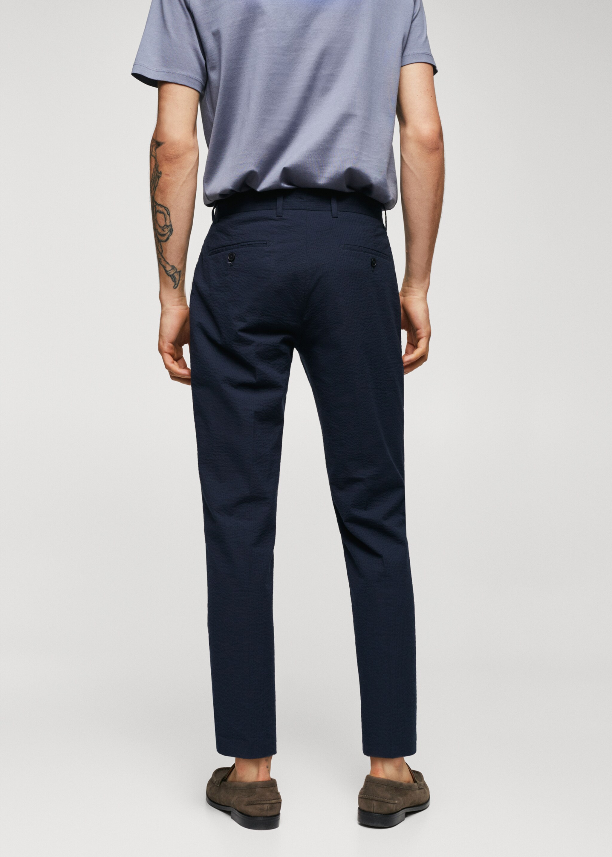 Slim-fit seersucker stretch trousers - Reverse of the article, Navy. Ref: 57022507-00.