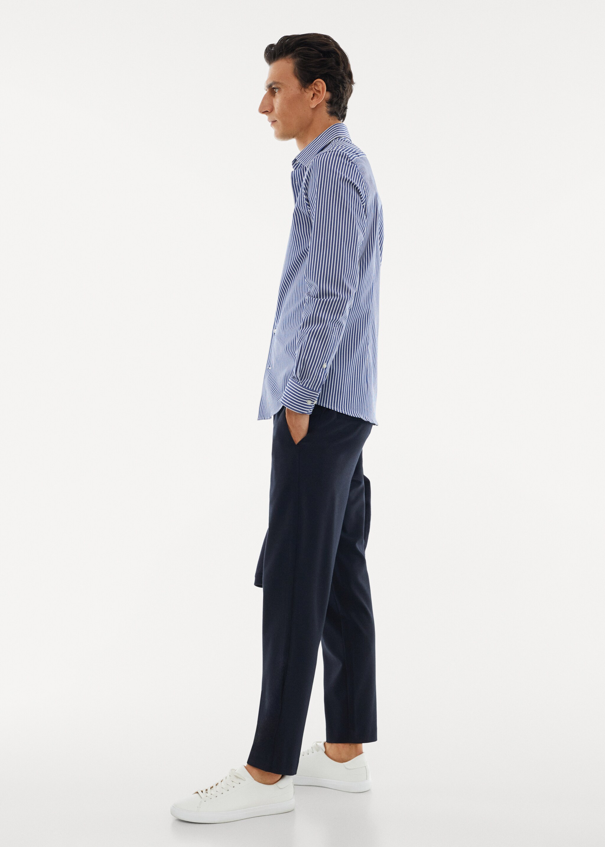 Stretch-fabric slim-fit striped shirt - Details of the article 2, Night Blue. Ref: 57024389-00.