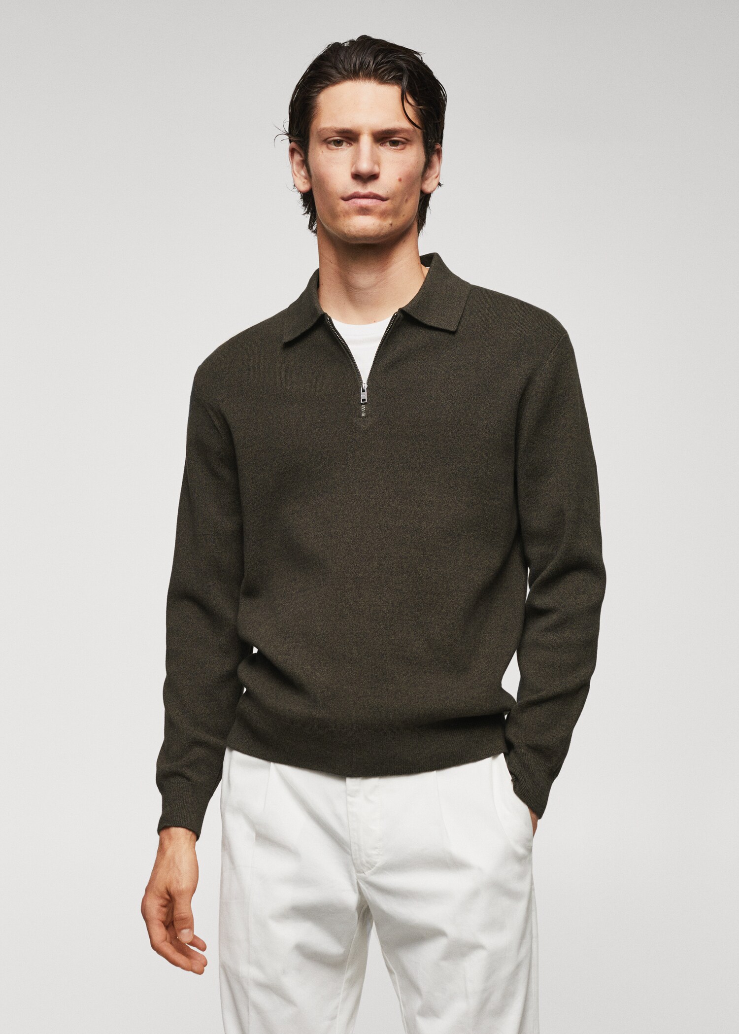 Cotton-knit polo shirt with zip - Medium plane