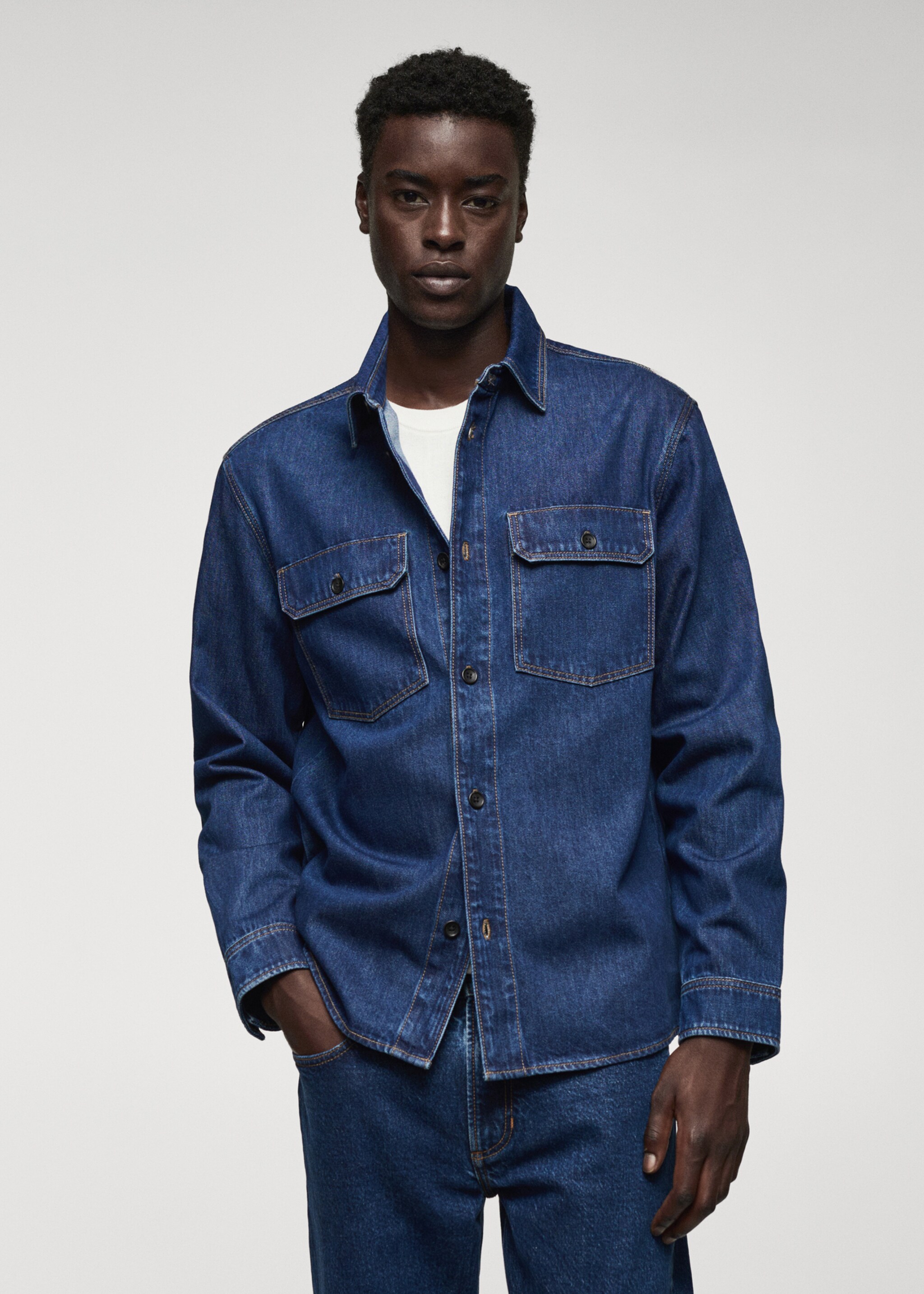 Cotton denim overshirt with pockets - Medium plane, Dark Blue. Ref: 57024417-00.