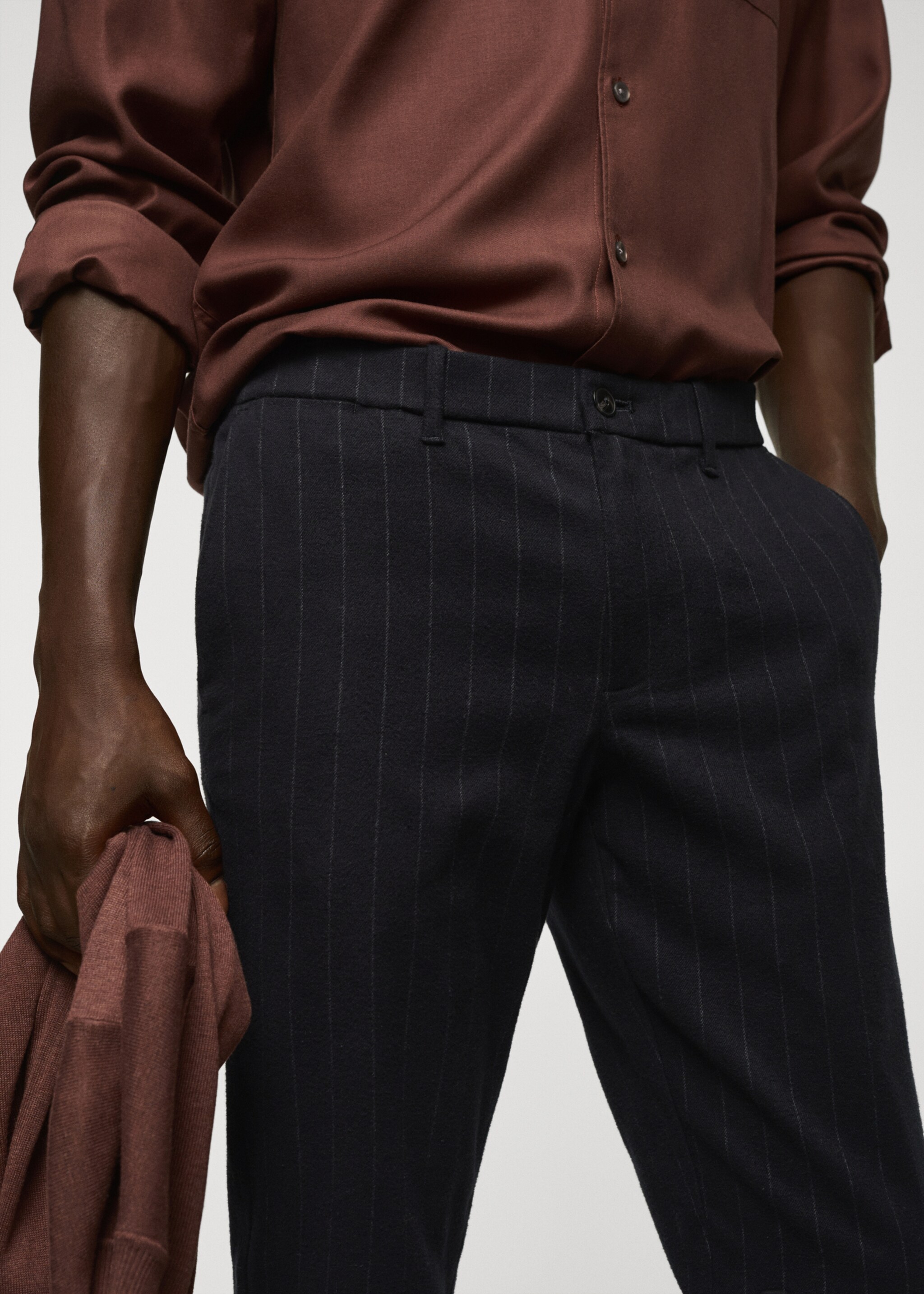 Pinstripe cotton slim-fit trousers - Details of the article 1, Night Blue. Ref: 57025955-00.