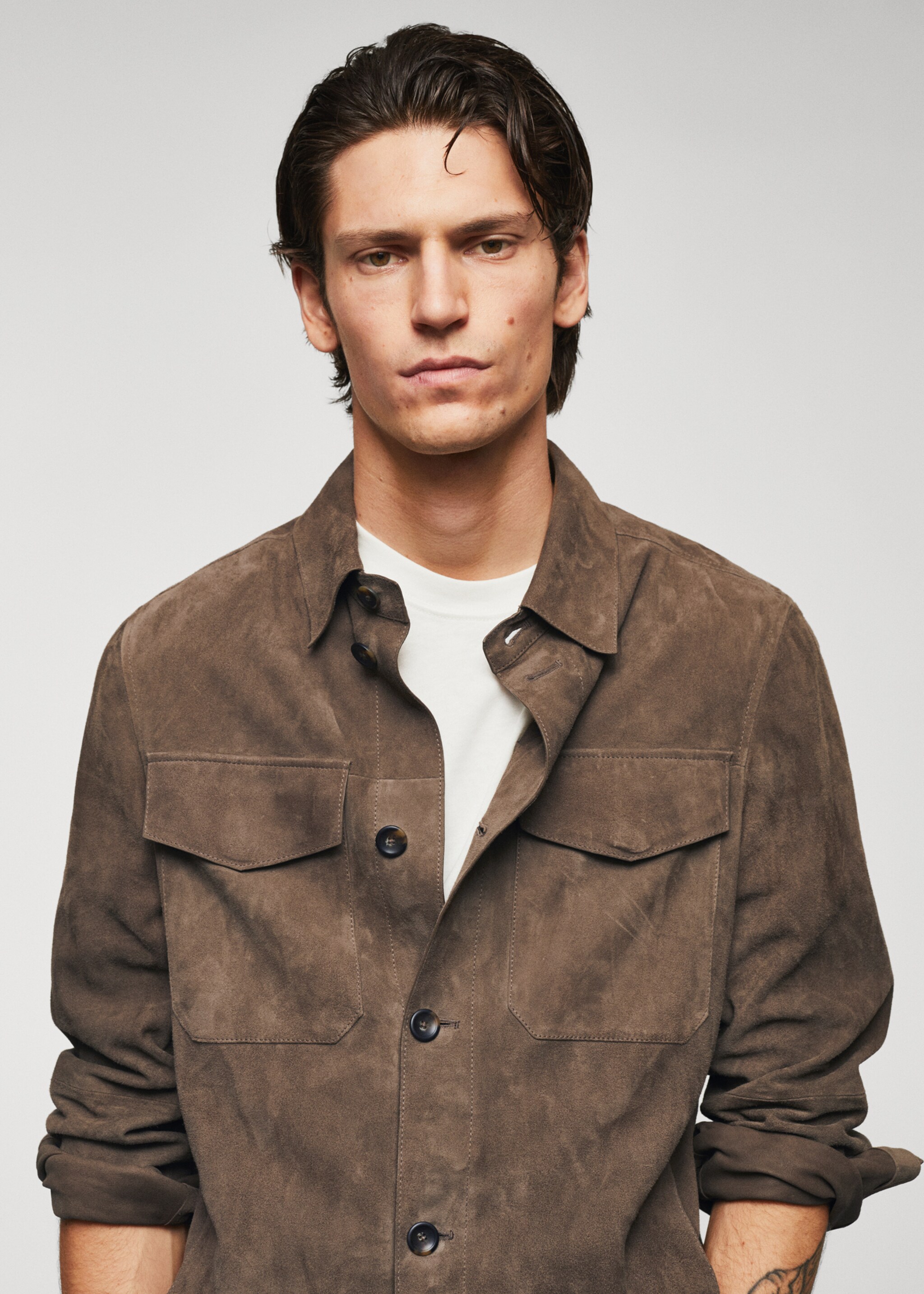100% suede leather jacket - Details of the article 1, Khaki. Ref: 57032504-00.