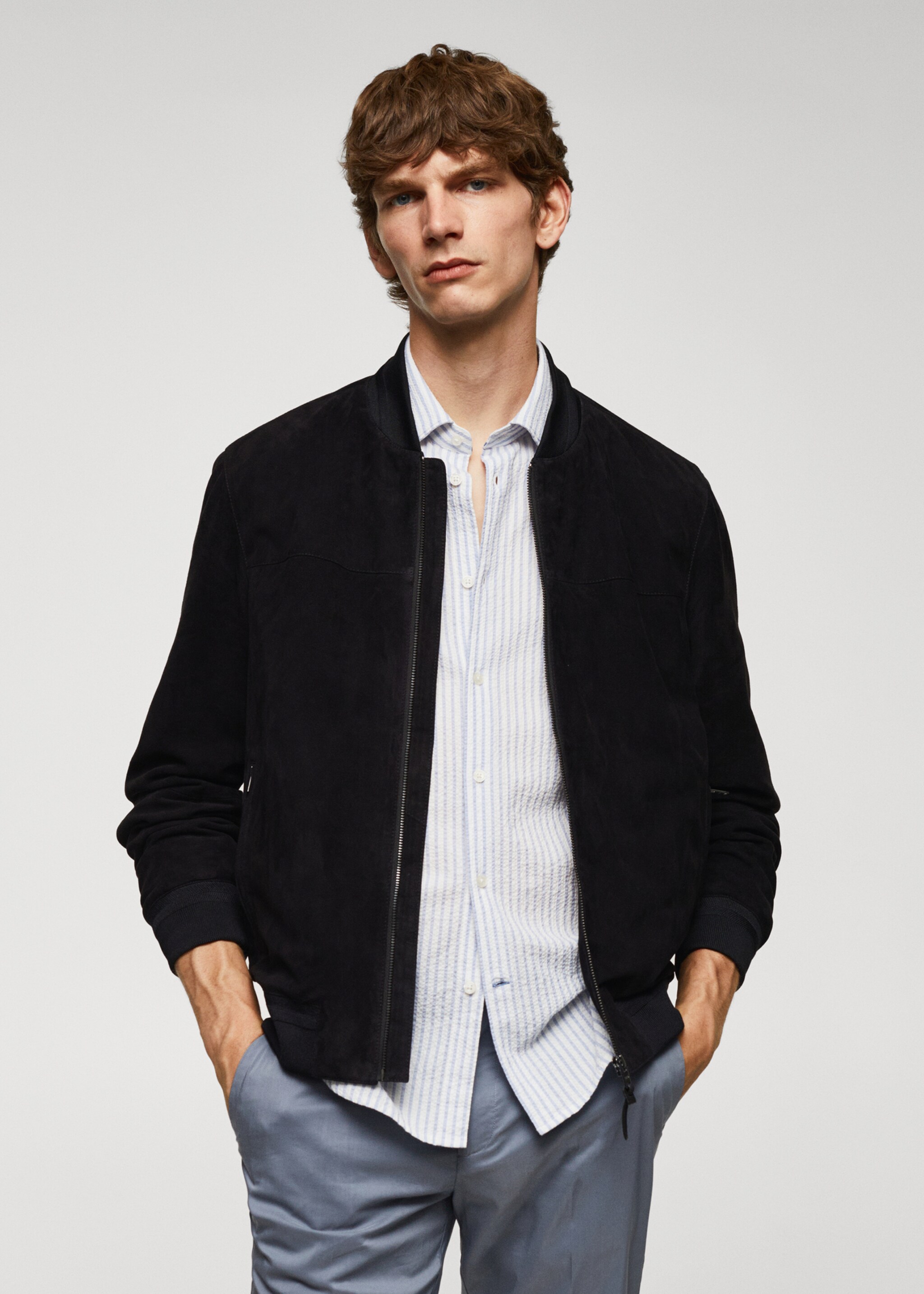 Leather bomber jacket - Medium plane, Indigo Blue. Ref: 57032505-00.