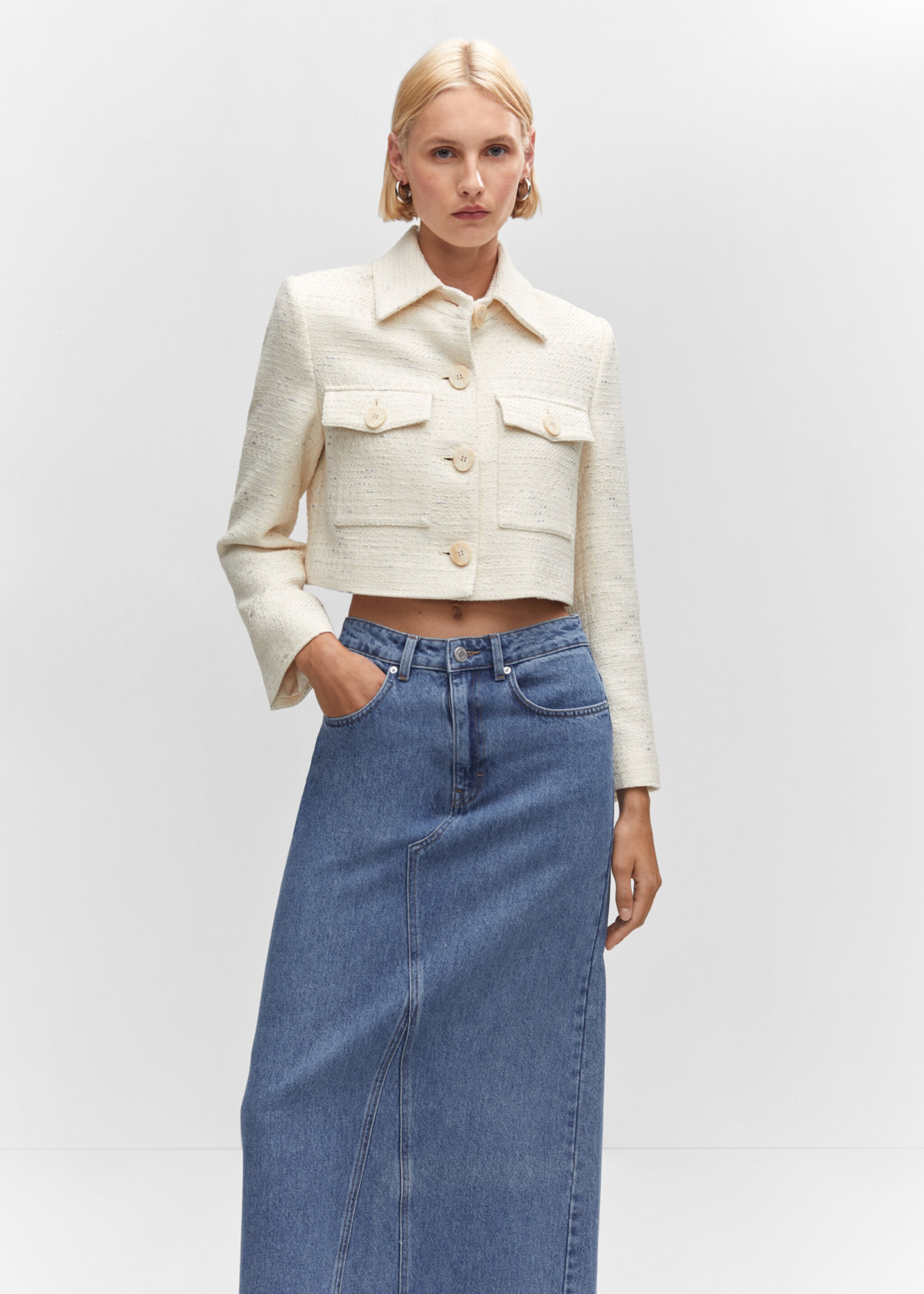 Long denim skirt - Details of the article 1, Medium Blue. Ref: 57033806-00.