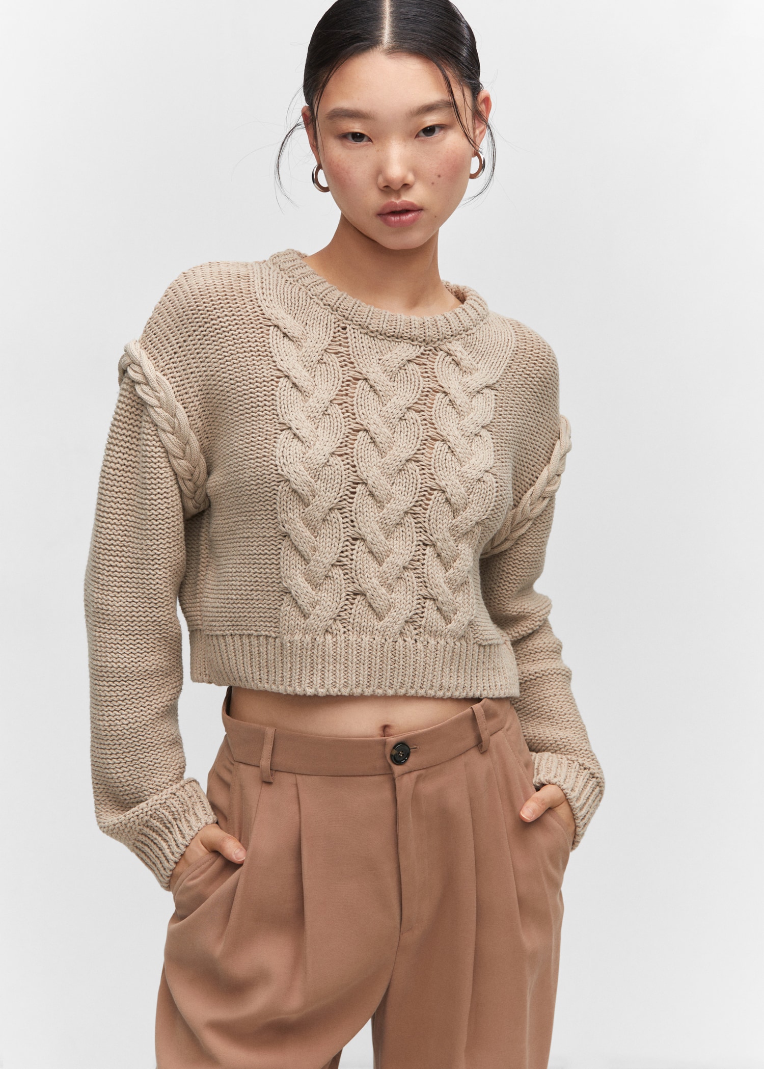 Grobstrick Pullover Zopfmuster Pullover Damen Beige Pullover Mit
