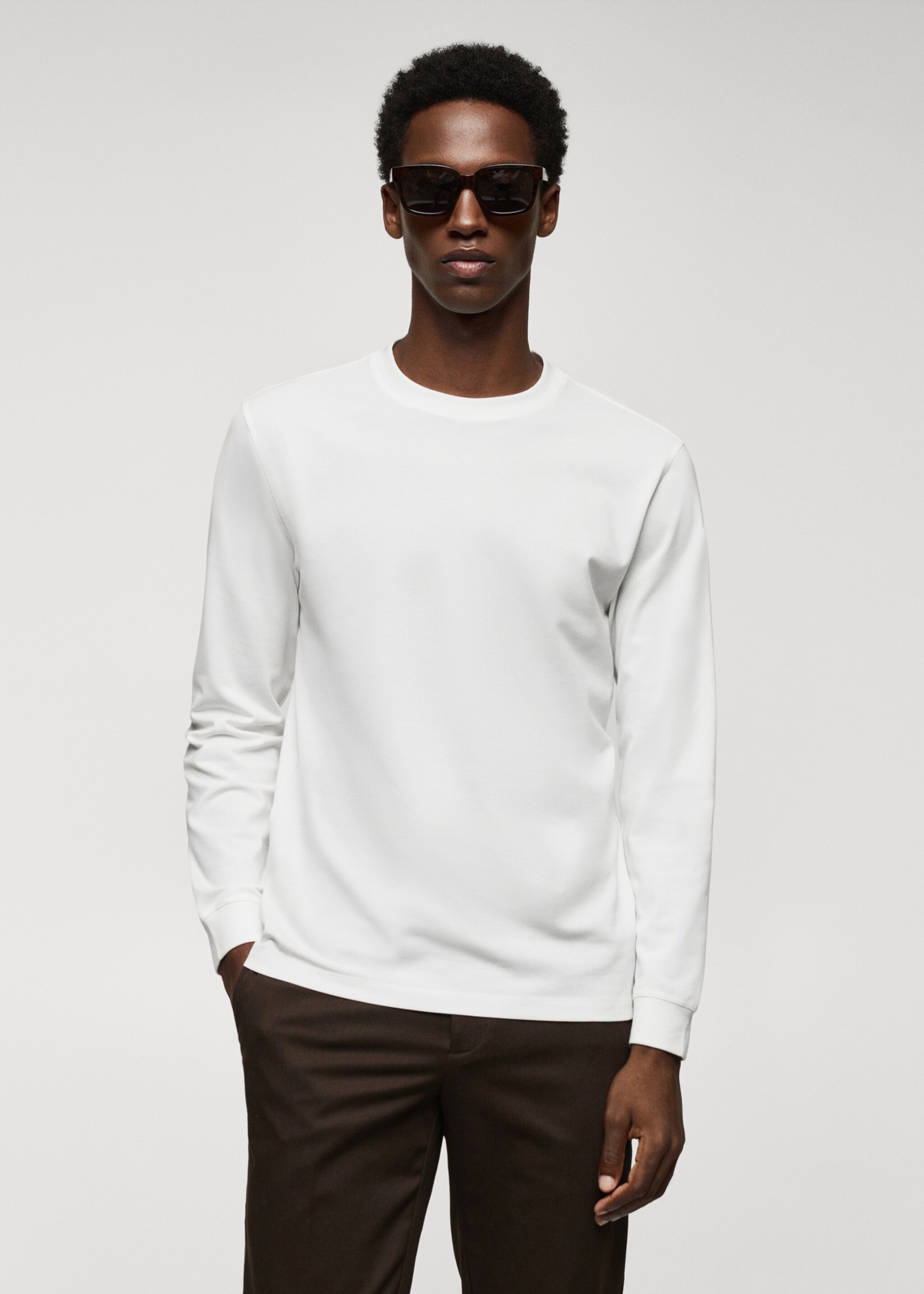 Long-sleeved pique cotton t-shirt - Medium plane, White. Ref: 57034406-00.