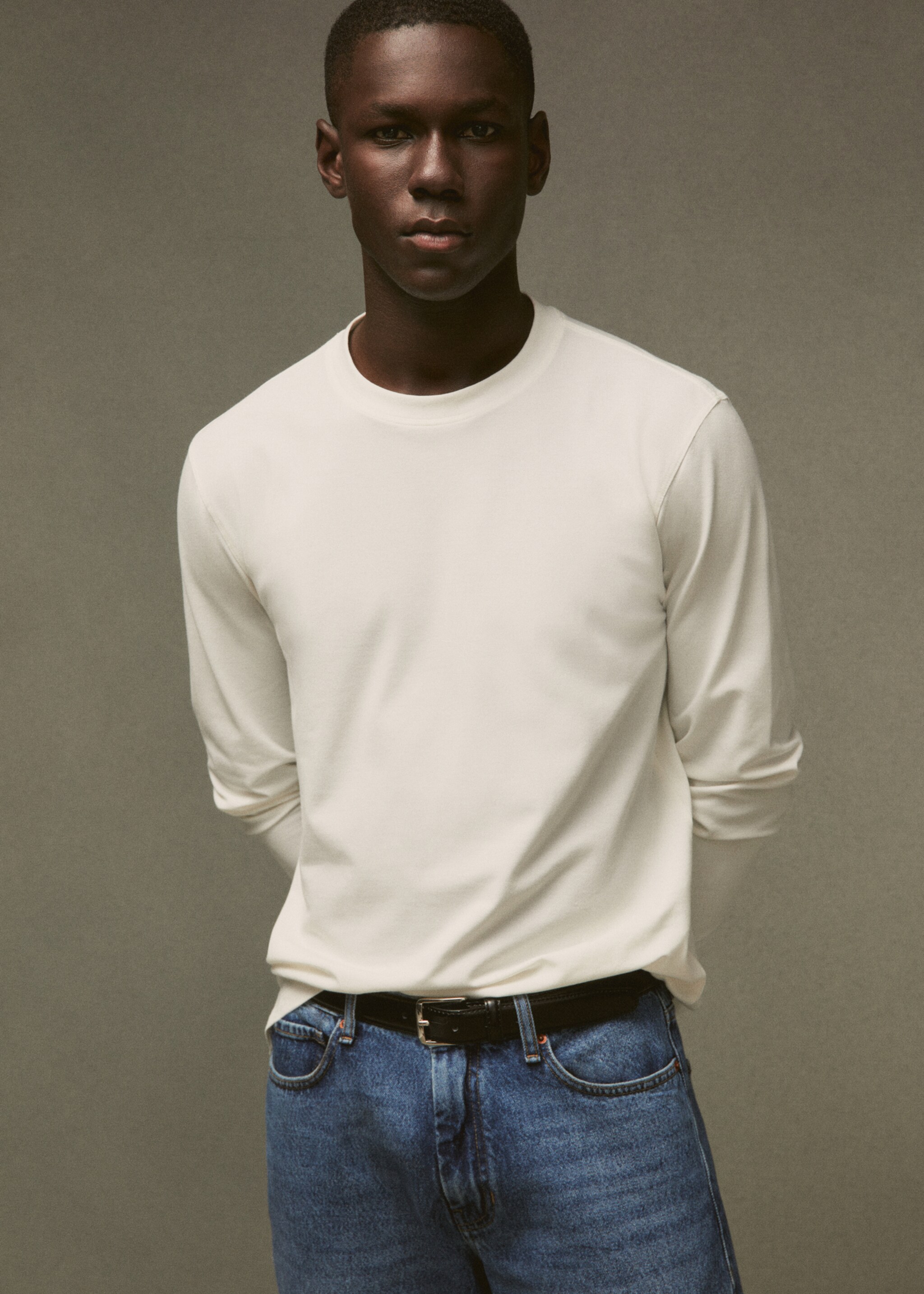 Long-sleeved pique cotton t-shirt - Details of the article 6, White. Ref: 57034406-00.