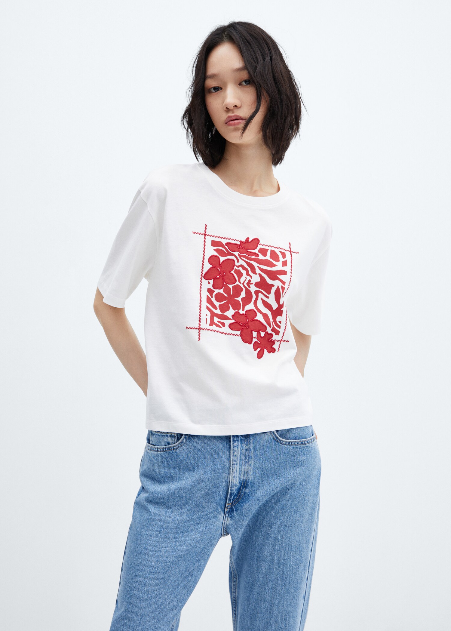Embroidered details print t-shirt - Medium plane