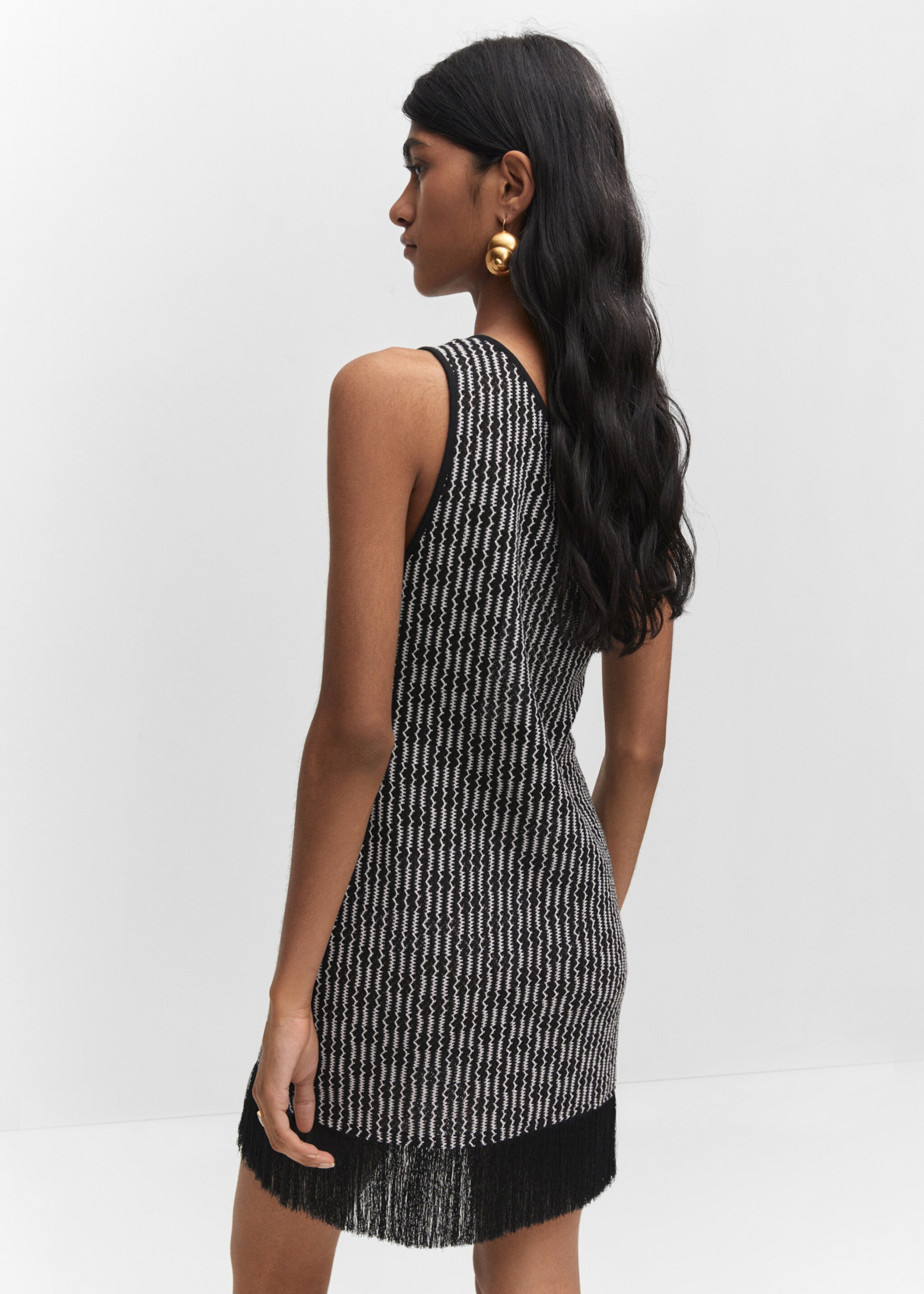 Asymmetrical dress with fringe detail - Reverse of the article, Black. Ref: 57040271-00.