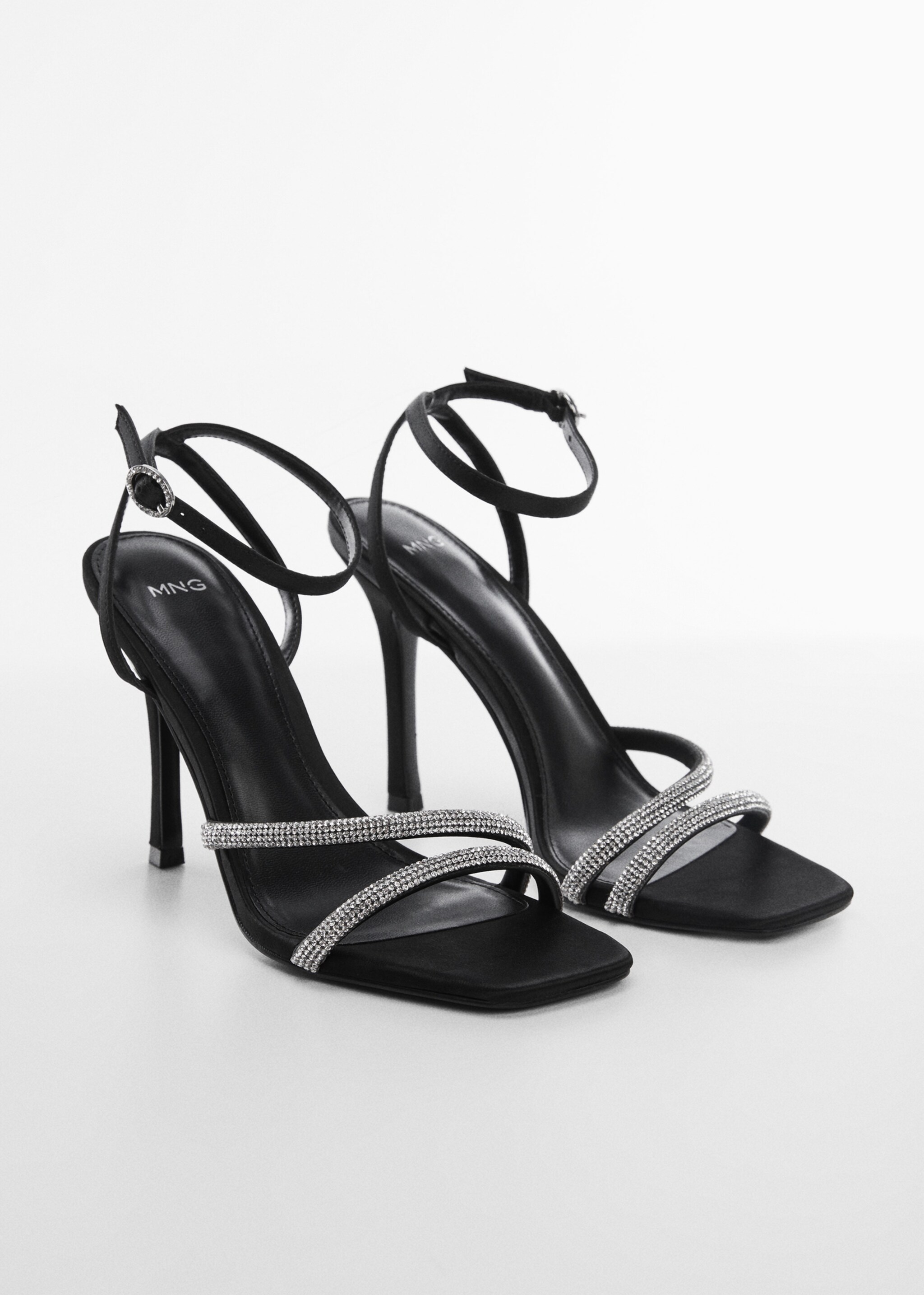 Heeled sandals with rhinestone straps - Medium plane, Black. Ref: 57040356-00.