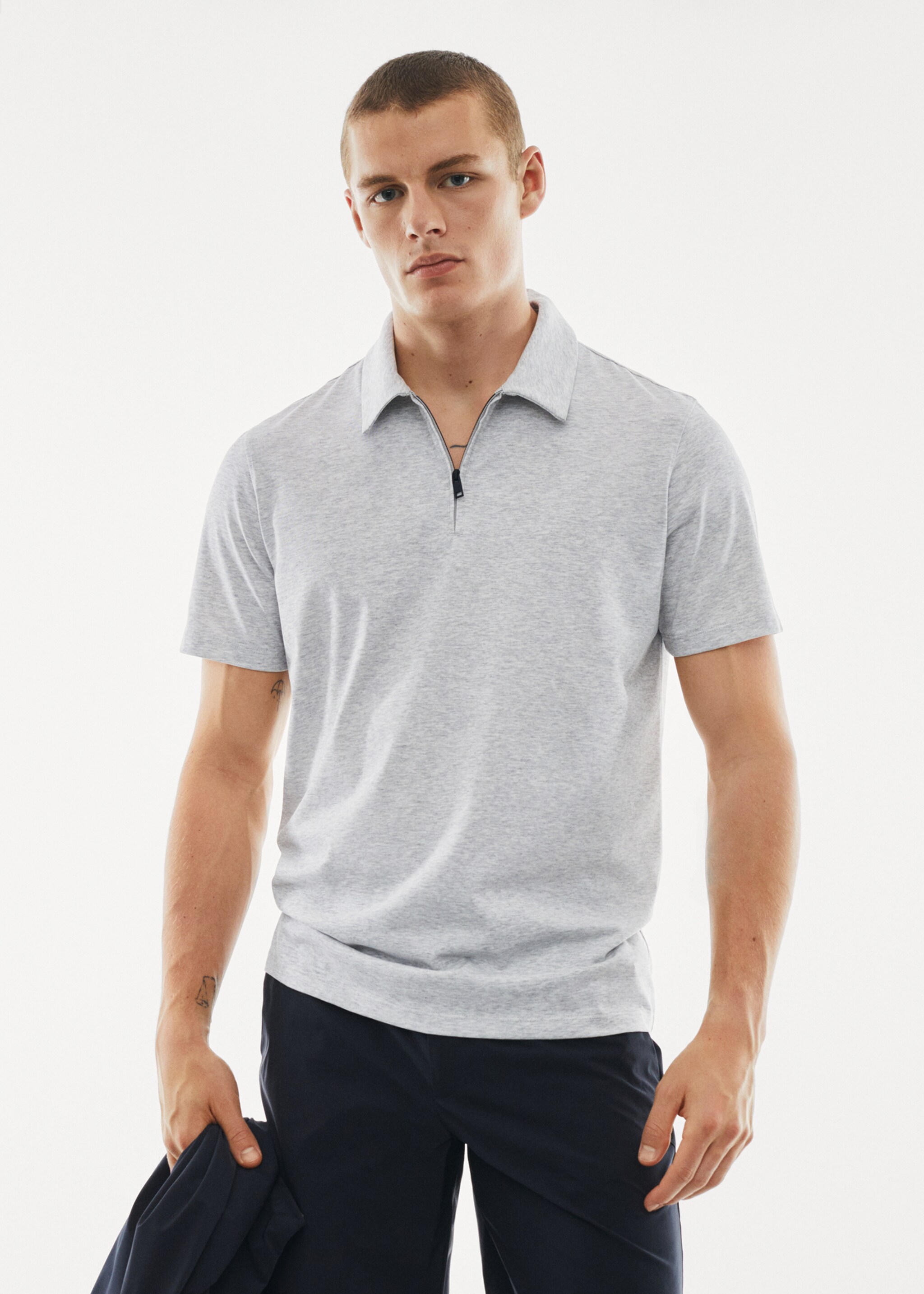 Zip cotton polo shirt - Medium plane, Light Heather Grey. Ref: 57040668-00.