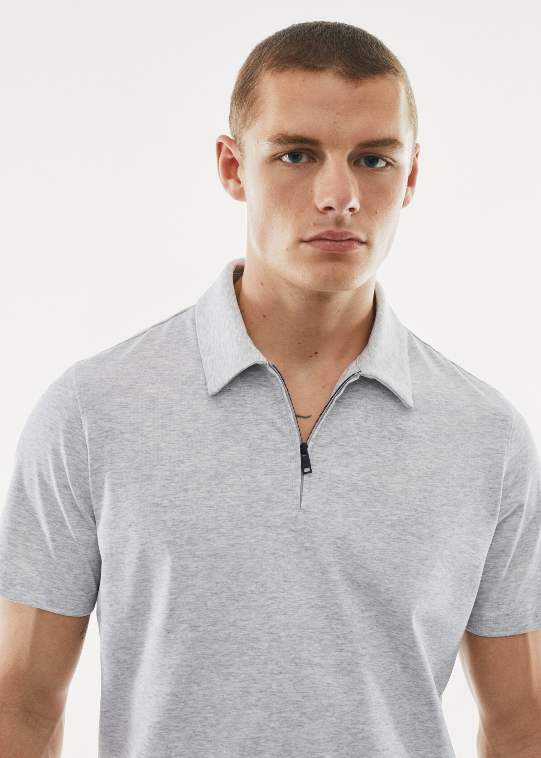 Zip cotton polo shirt - Details of the article 1, Light Heather Grey. Ref: 57040668-00.