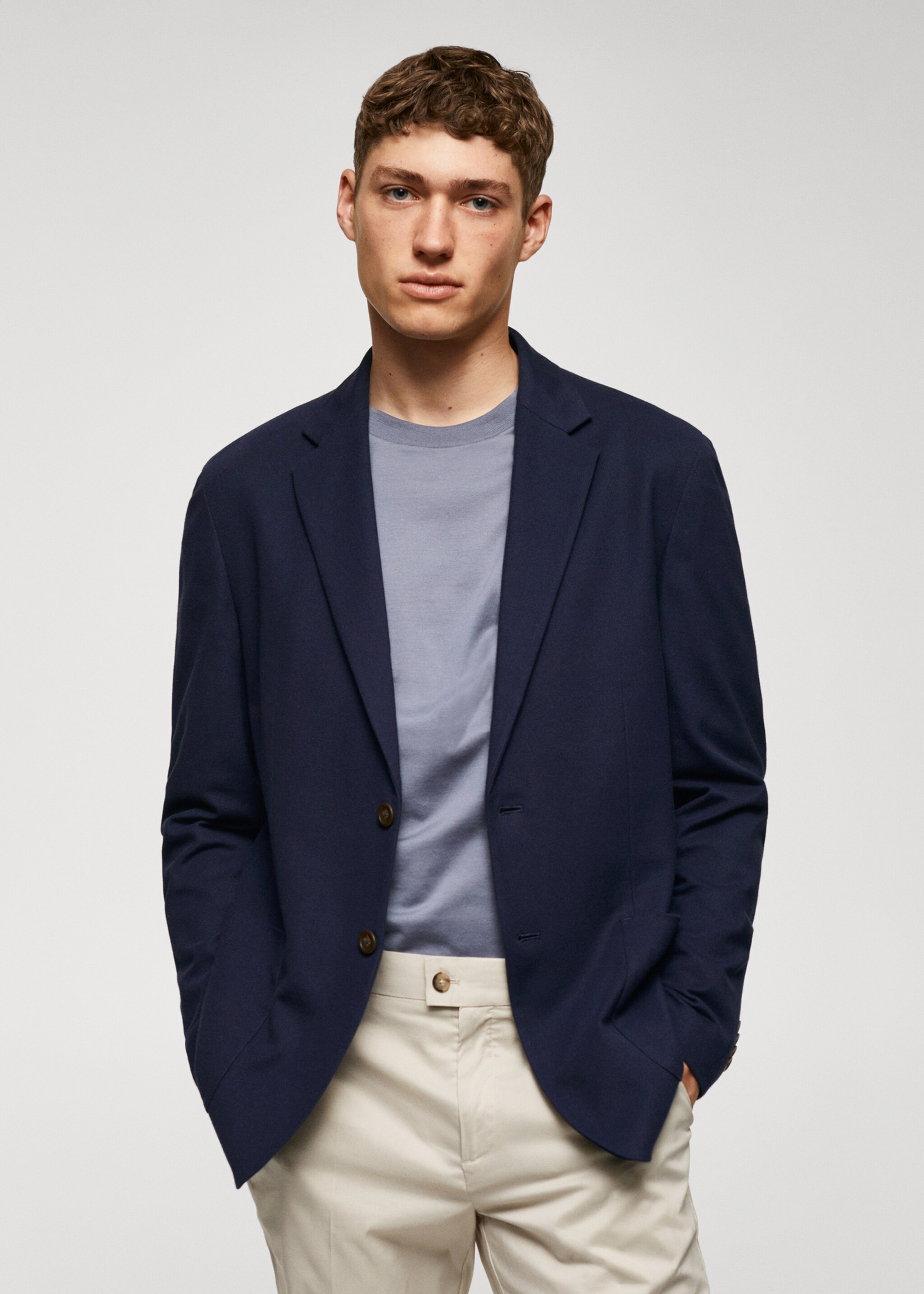 Structured slim fit cotton blazer - Medium plane, Navy. Ref: 57040670-00.