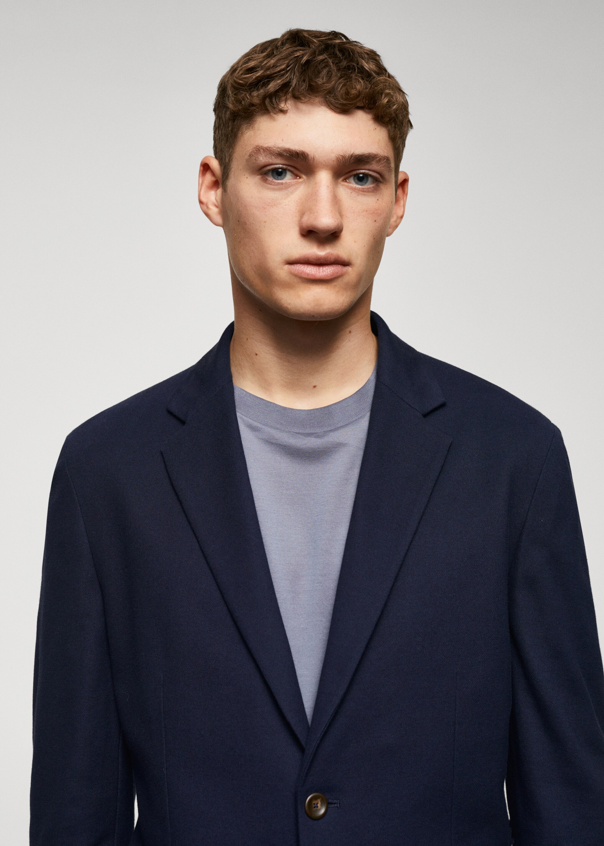 Structured slim fit cotton blazer - Details of the article 1, Navy. Ref: 57040670-00.