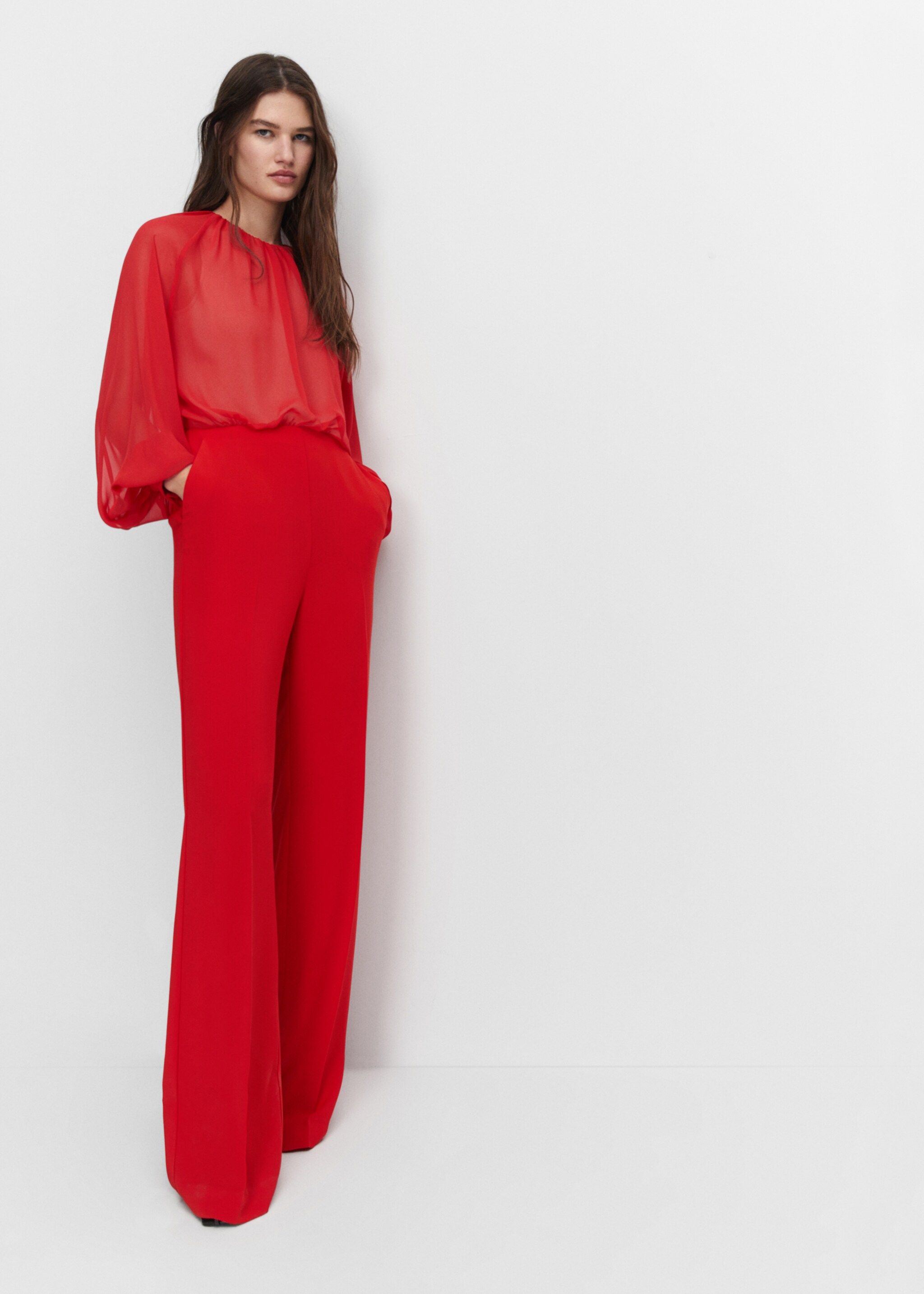 Semi-transparent chiffon jumpsuit - Details of the article 2, Coral Red. Ref: 57040811-00.