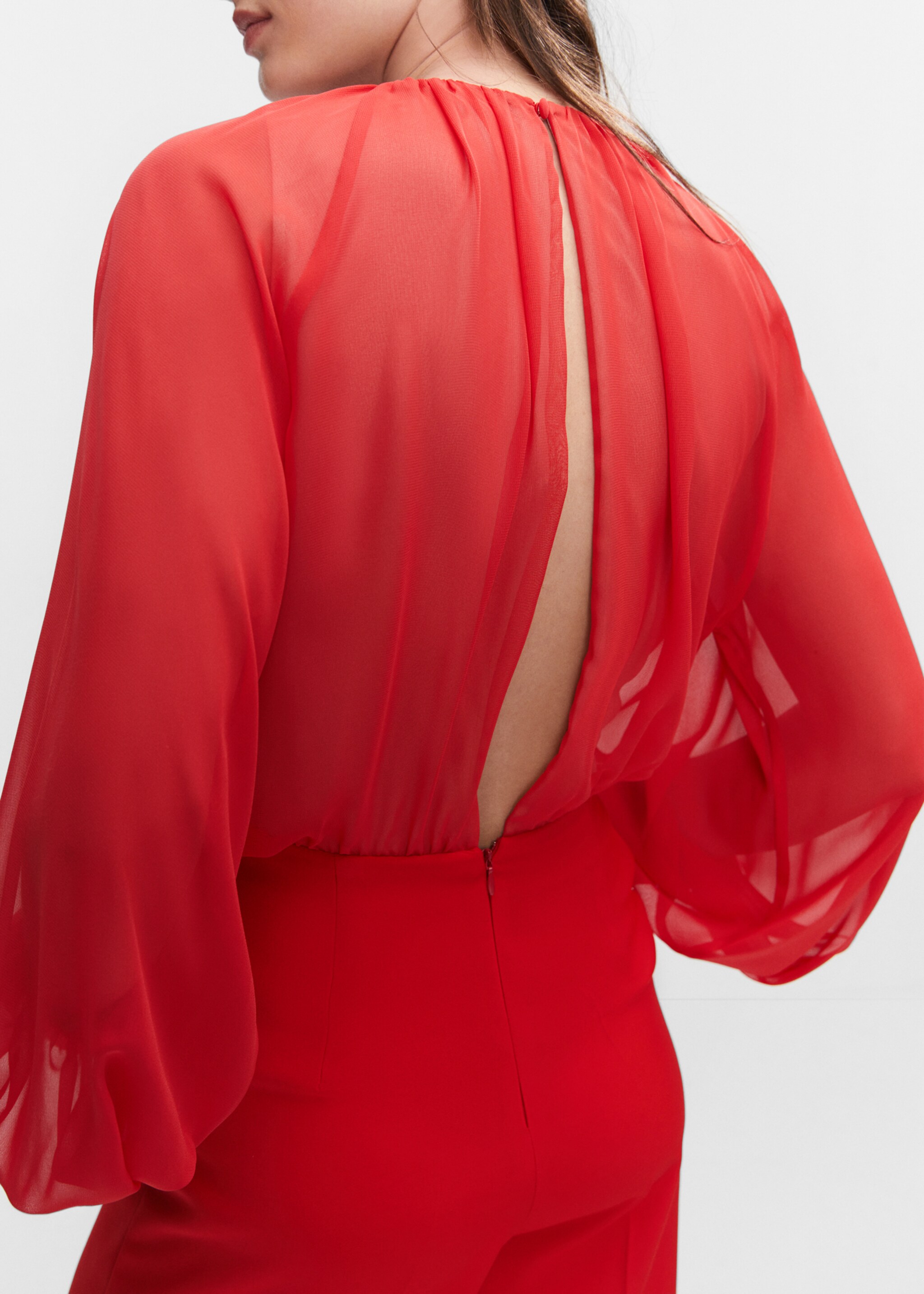 Semi-transparent chiffon jumpsuit - Details of the article 6, Coral Red. Ref: 57040811-00.