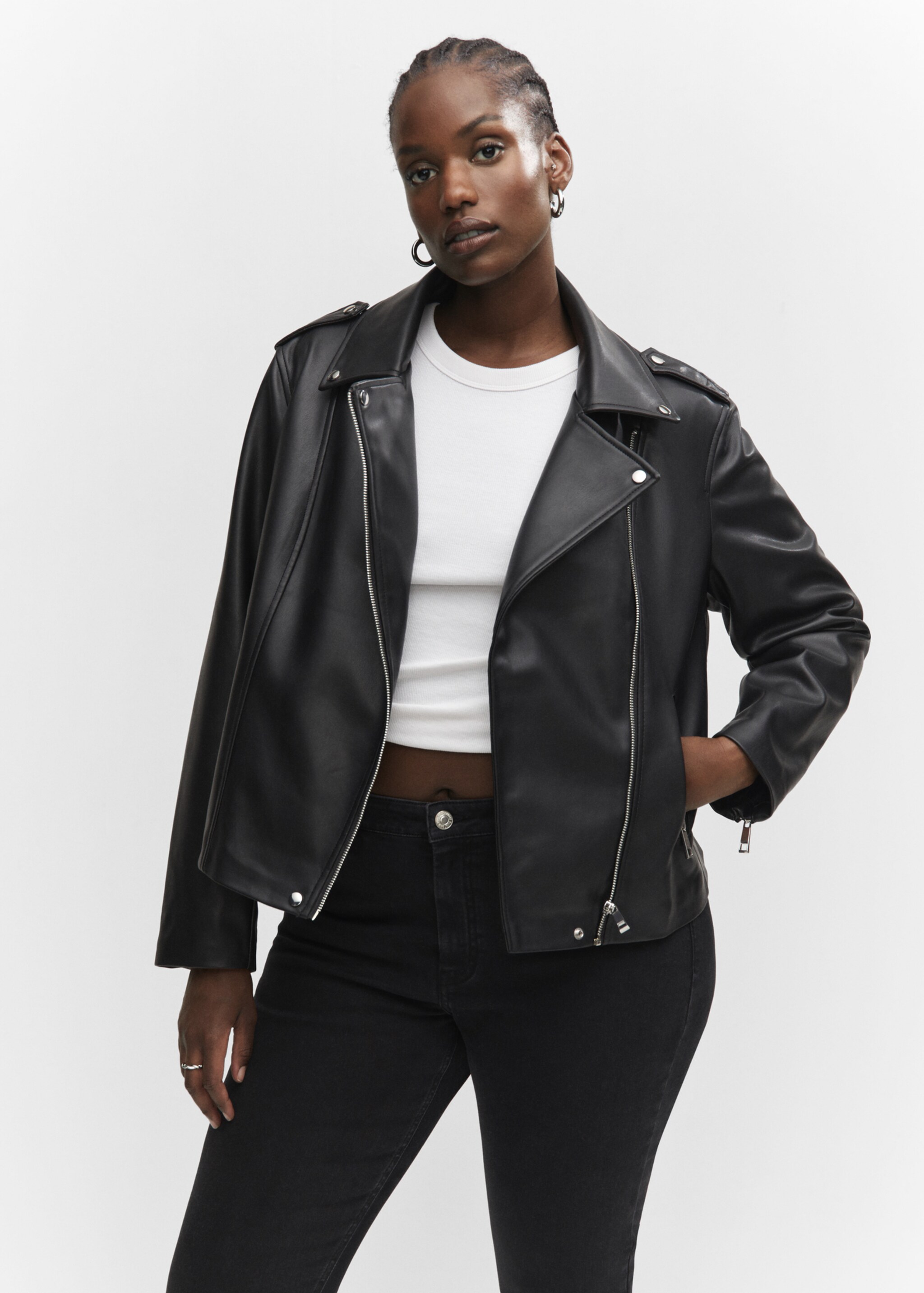 Faux-leather biker jacket - Details of the article 5, Black. Ref: 57043798-00.