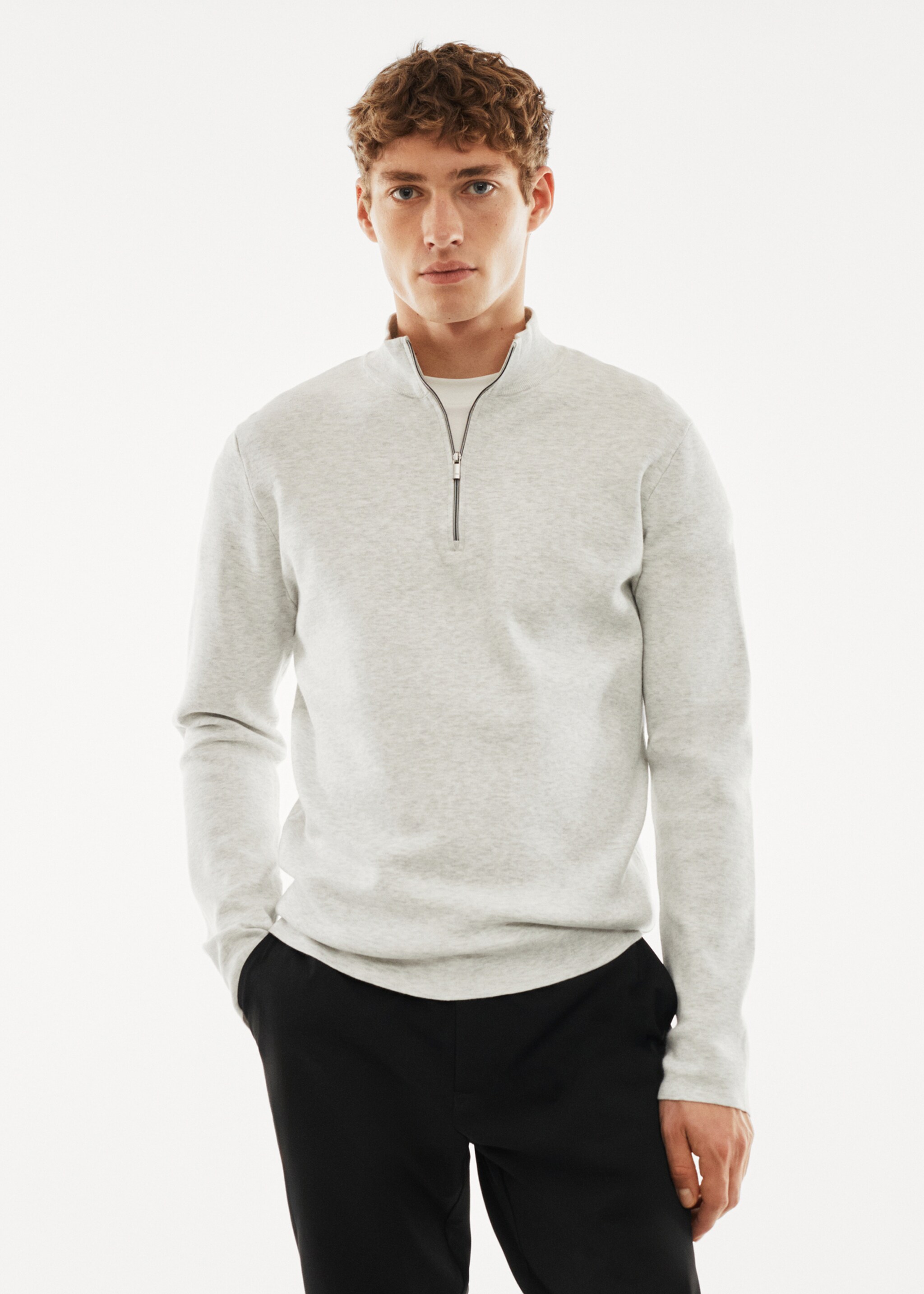 Perkins-neck sweater with zip - Medium plane, Ice Grey. Ref: 57044762-00.