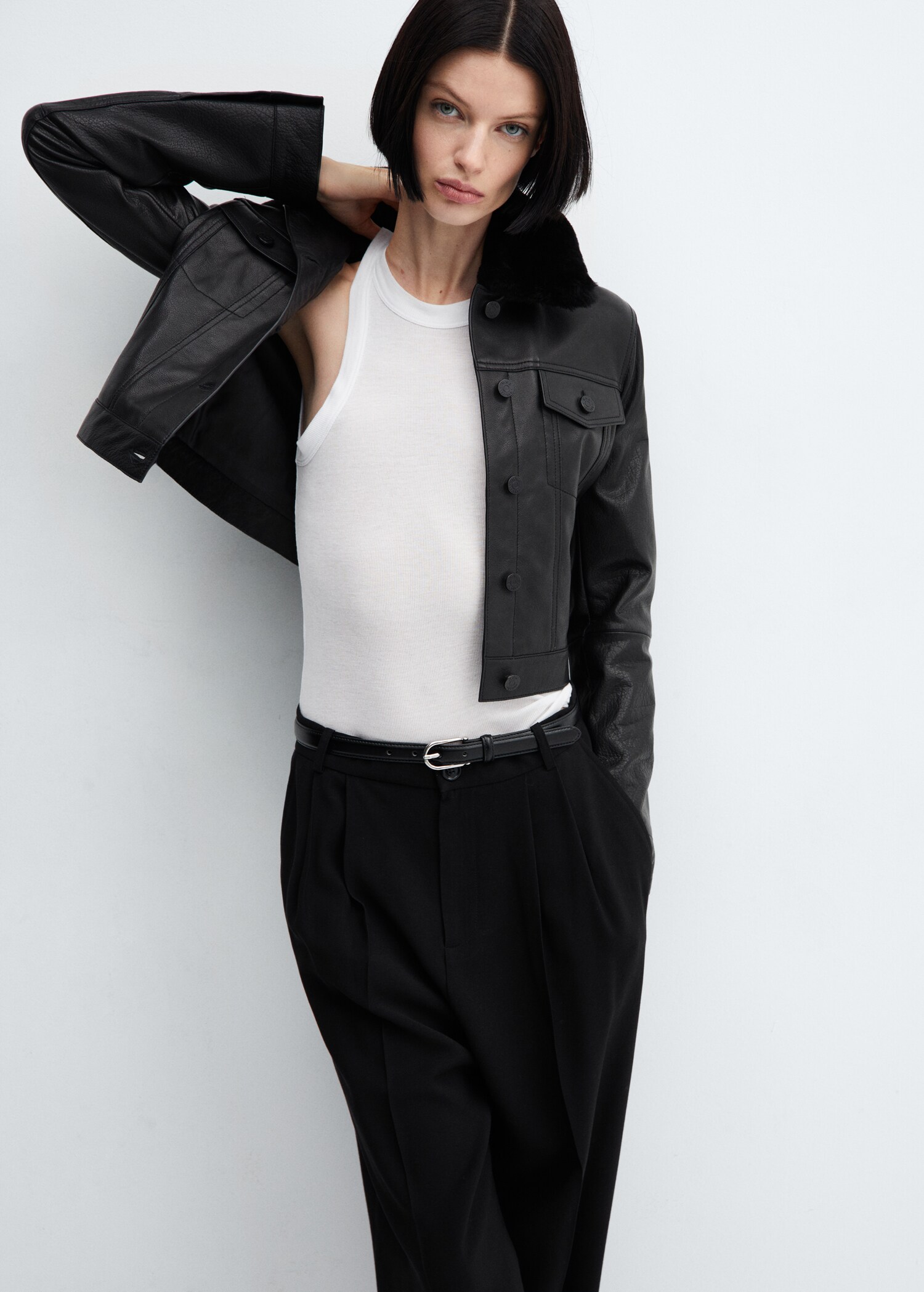 Suede jacket with fur-effect collar - Medium plane
