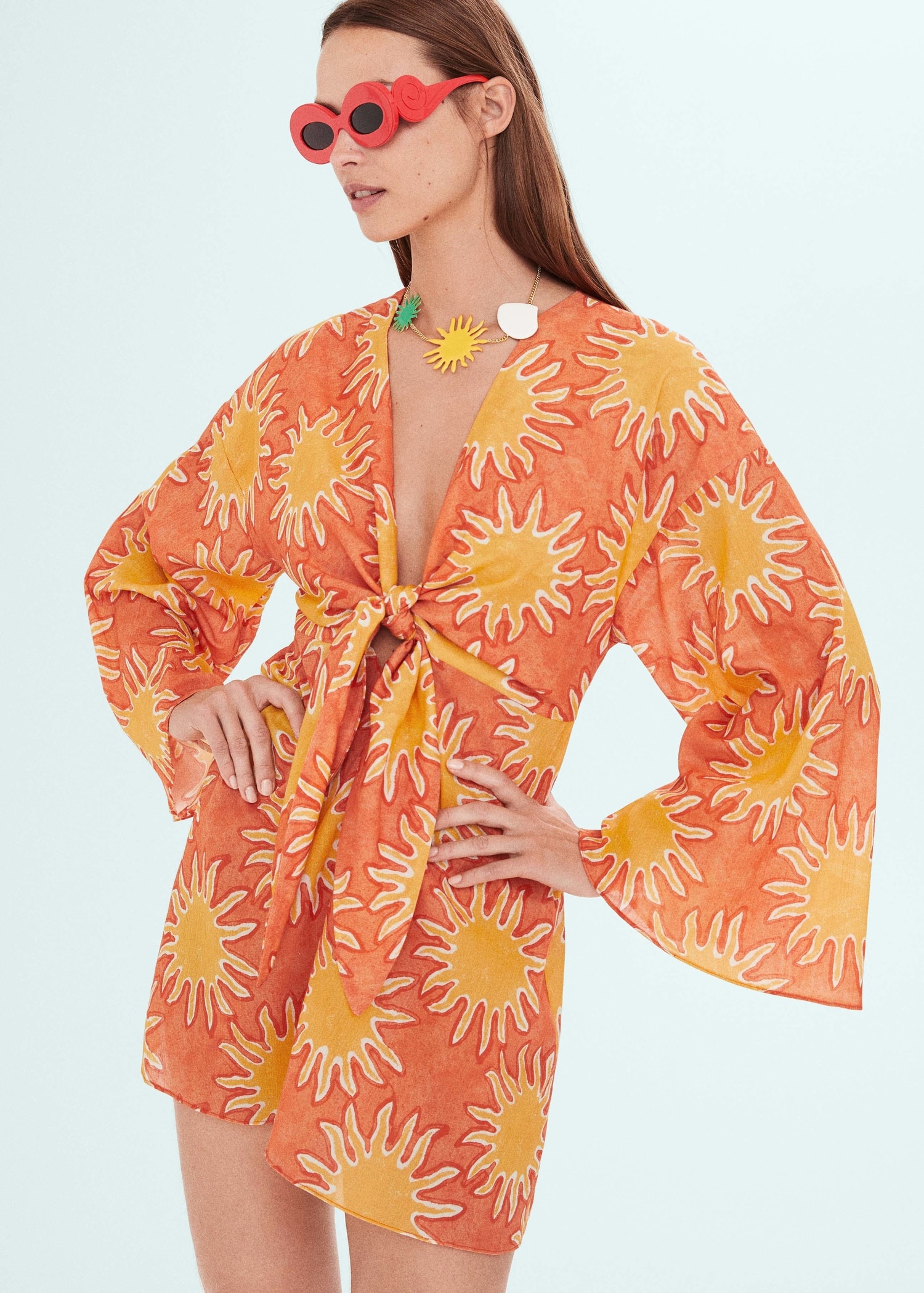 Dress Mango Robe Orange Printed Dress With Knot Detail Women MANGO