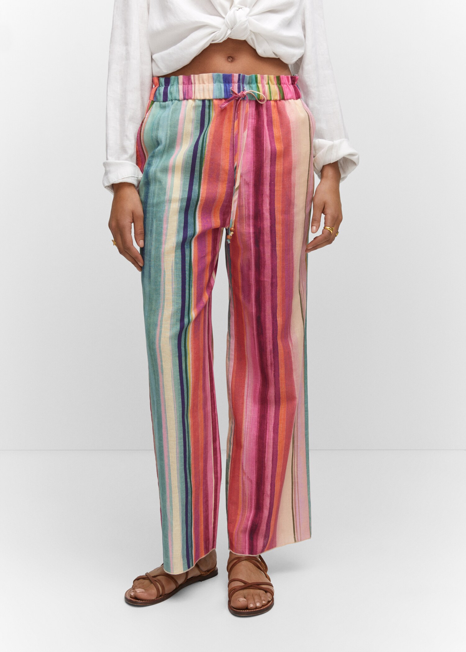 Pantalón lino rayas multicolor - Plano medio