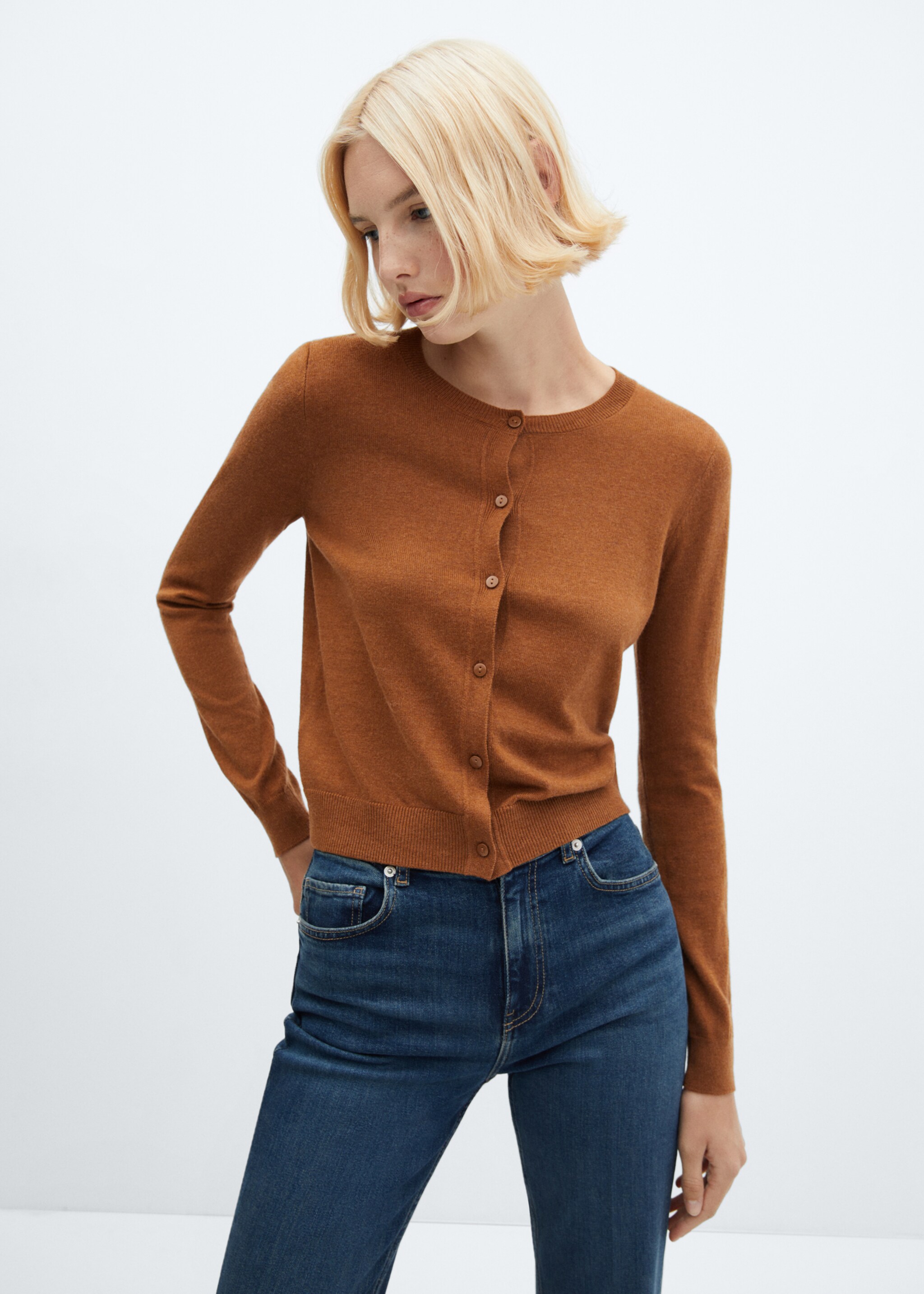 Buttoned cotton cardigan - Medium plane, Caramel. Ref: 57057748-00.