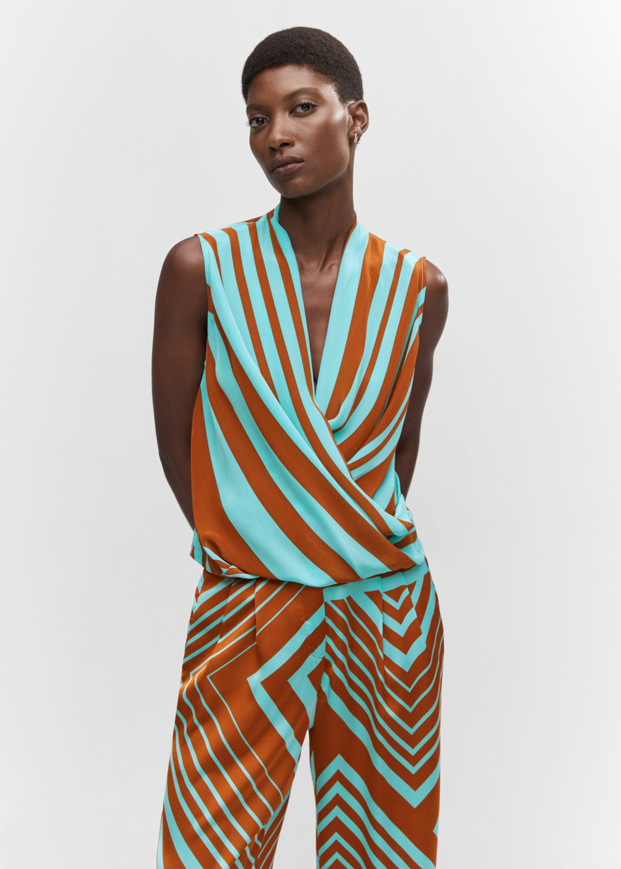 Gestreifte Wickelbluse - Mittlere Ansicht, Türkis. Ref: 57062889-00.