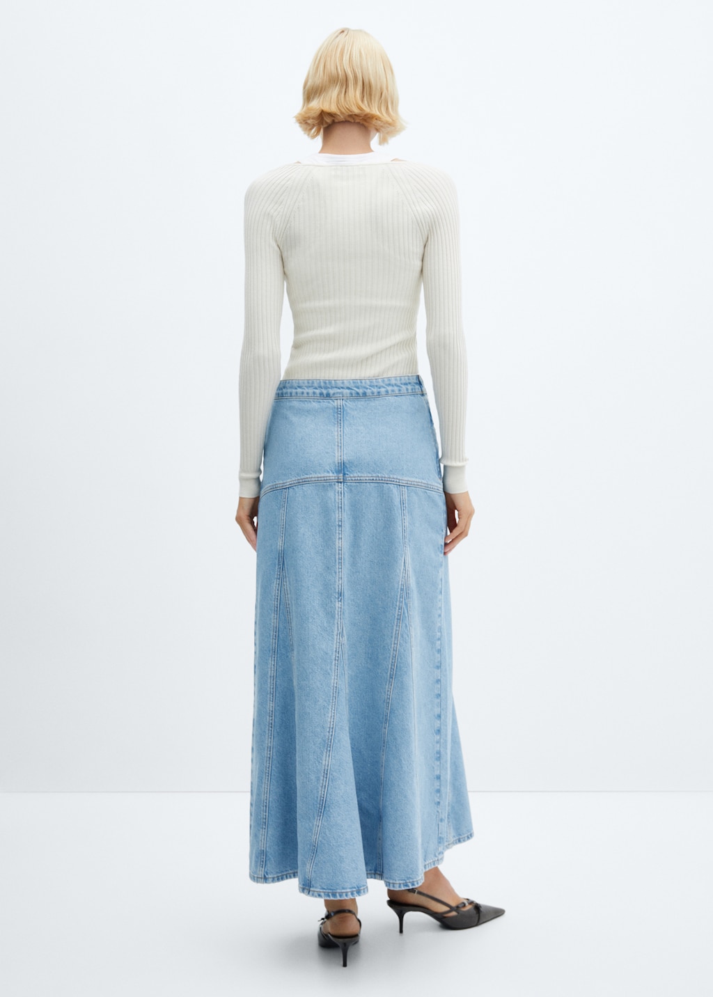 Long denim skirt with seams
