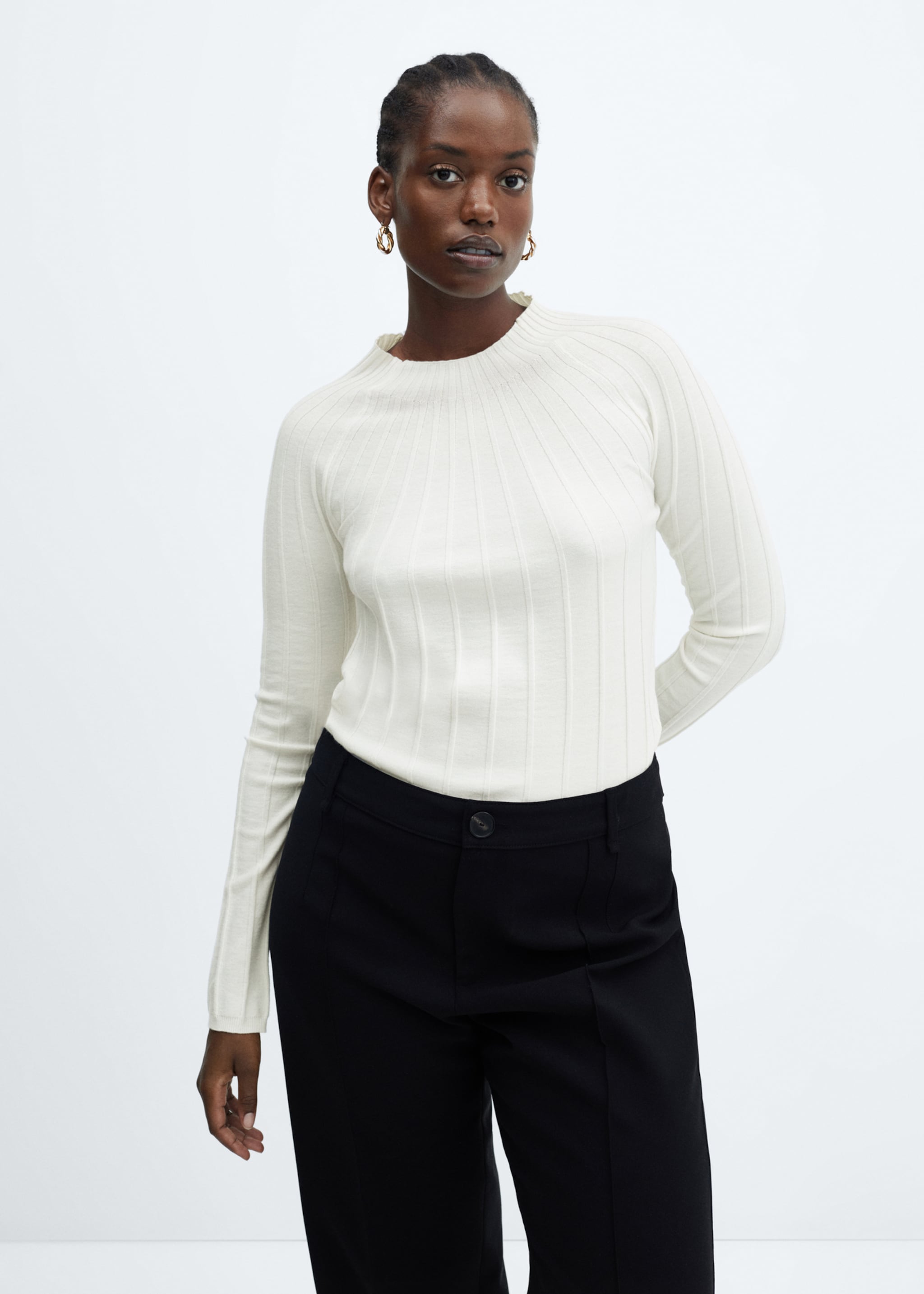 Ribbed sweater with perkins neck - Details of the article 5, Ecru. Ref: 57065793-00.